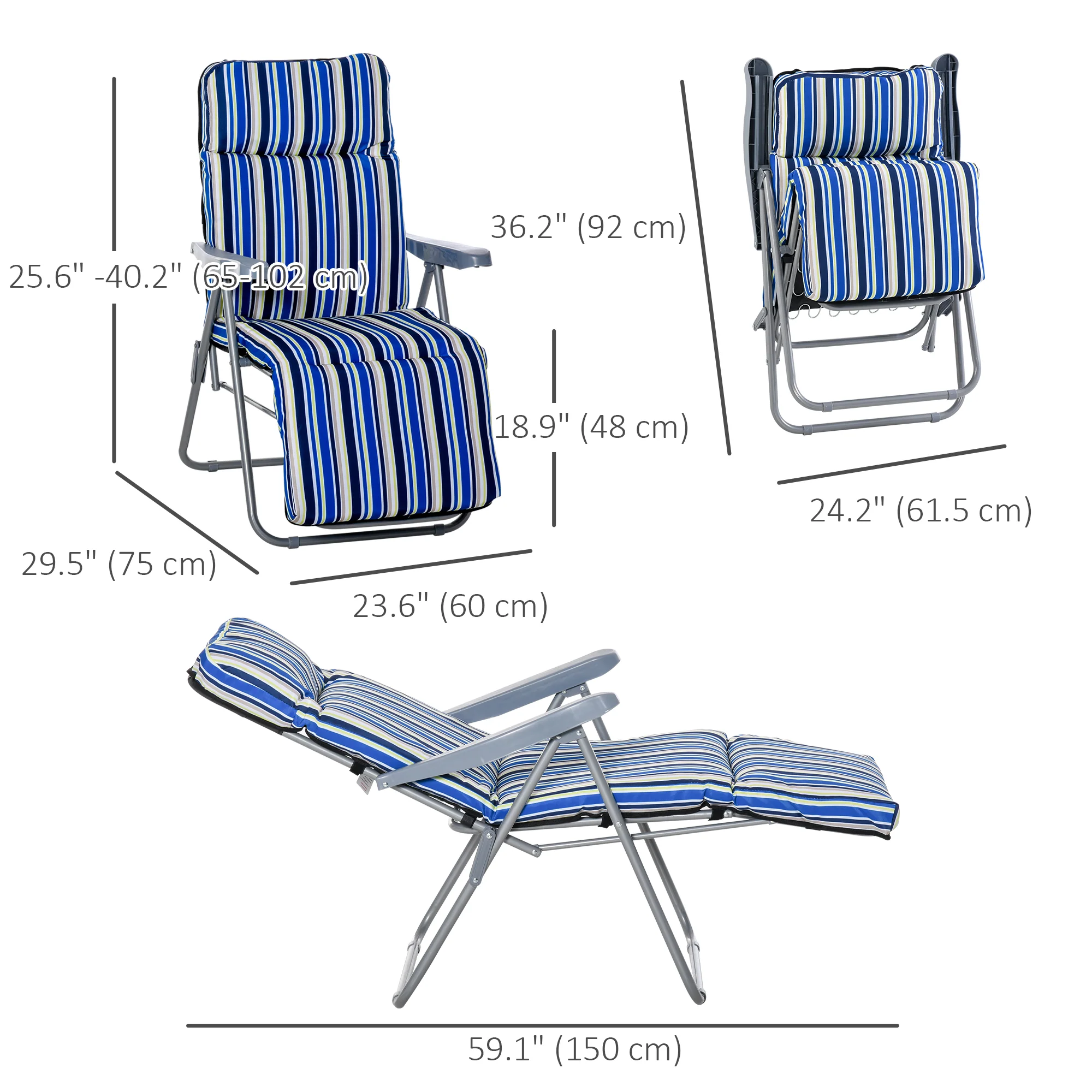 2PC Outdoor Reclining Chair, Foldable Adjustable Recliner w/ Cushioned Seat, Grey & Blue - Image 5