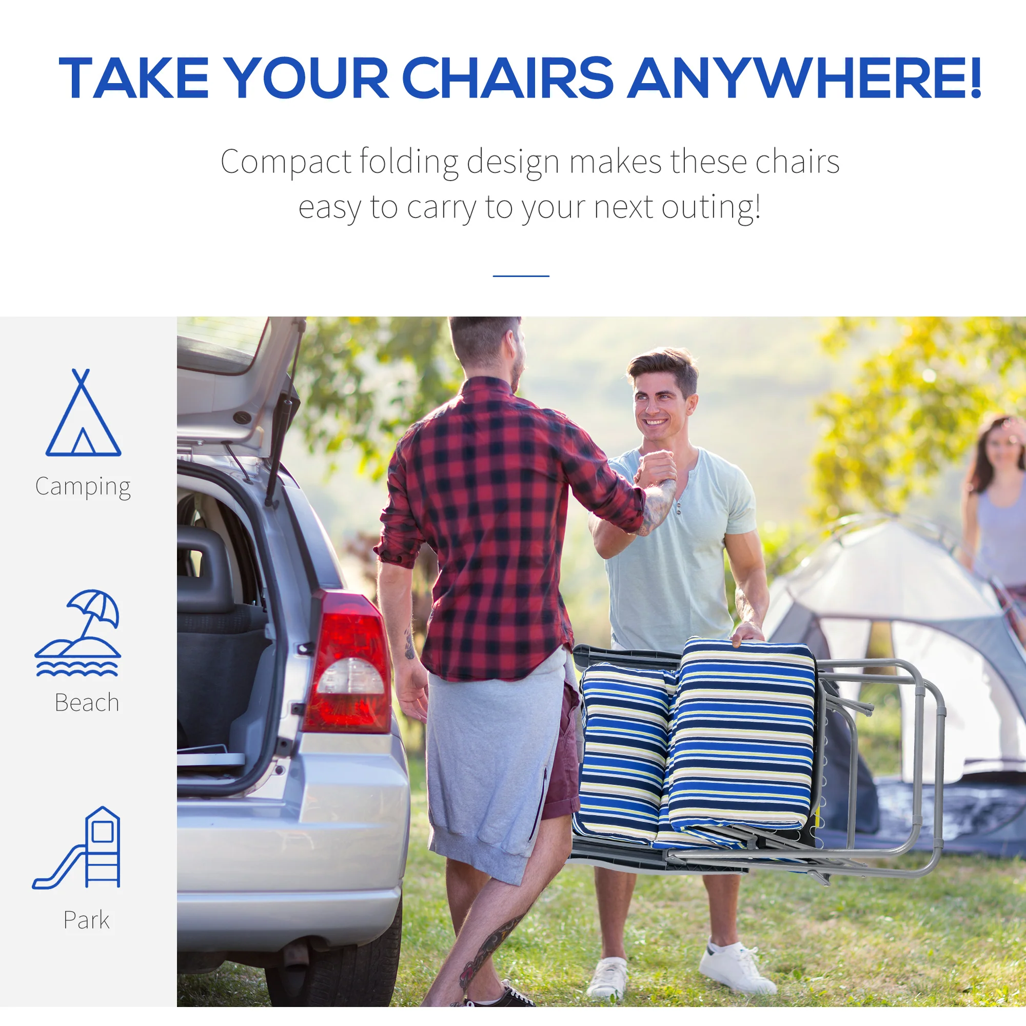 2PC Outdoor Reclining Chair, Foldable Adjustable Recliner w/ Cushioned Seat, Grey & Blue - Image 7