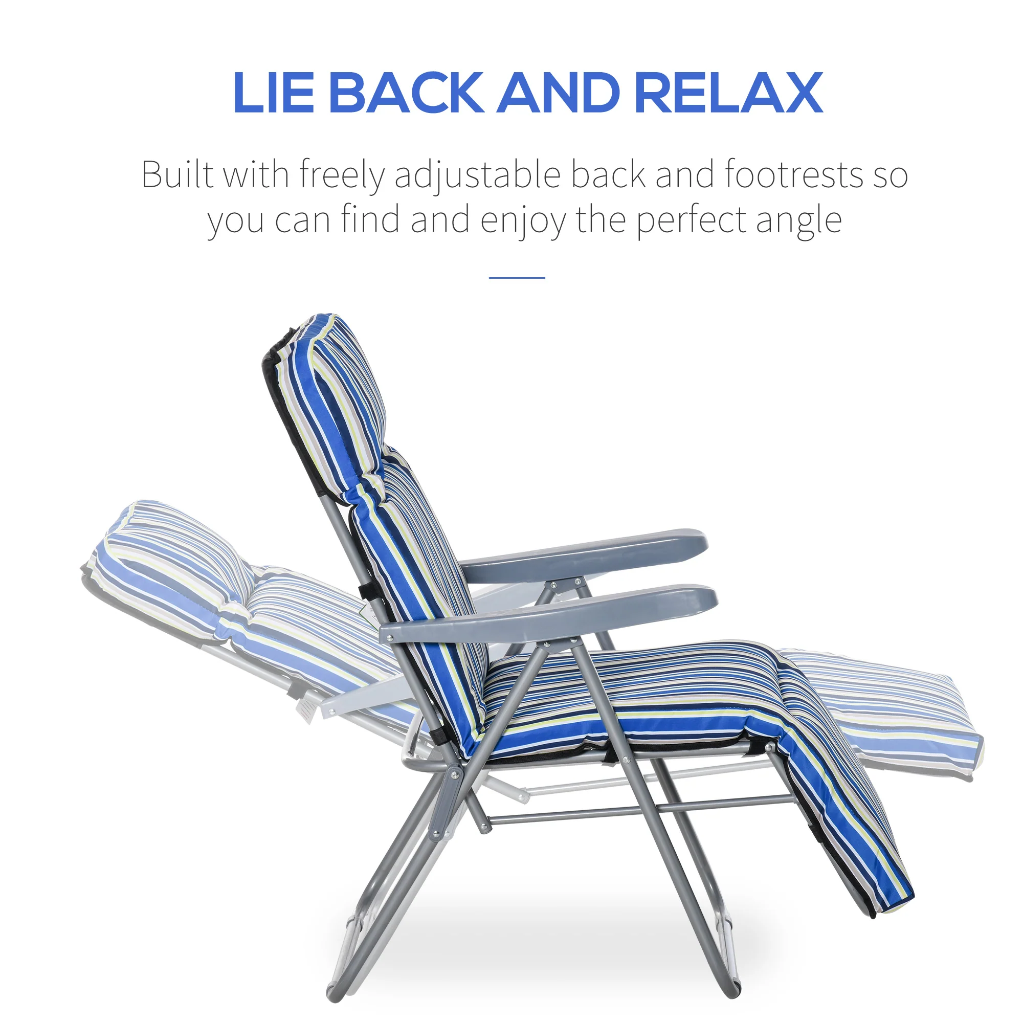 2PC Outdoor Reclining Chair, Foldable Adjustable Recliner w/ Cushioned Seat, Grey & Blue - Image 8