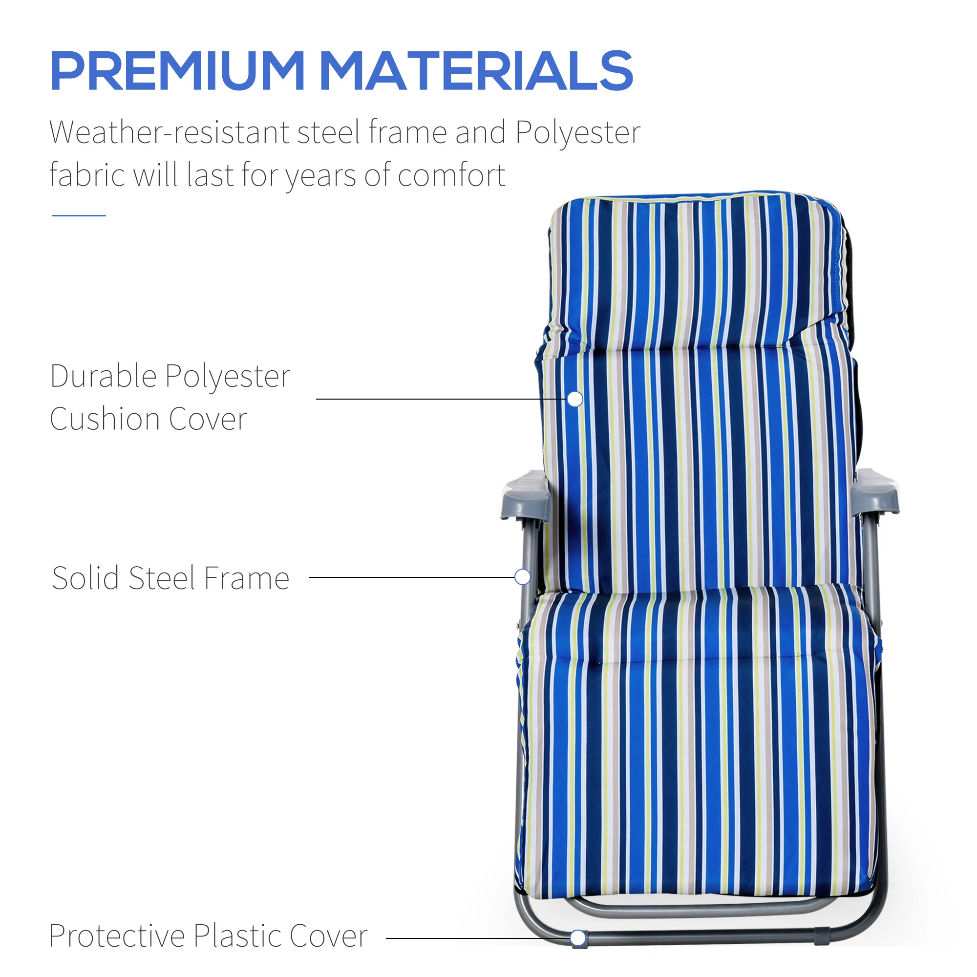 2PC Outdoor Reclining Chair, Foldable Adjustable Recliner w/ Cushioned Seat, Grey & Blue - Image 9