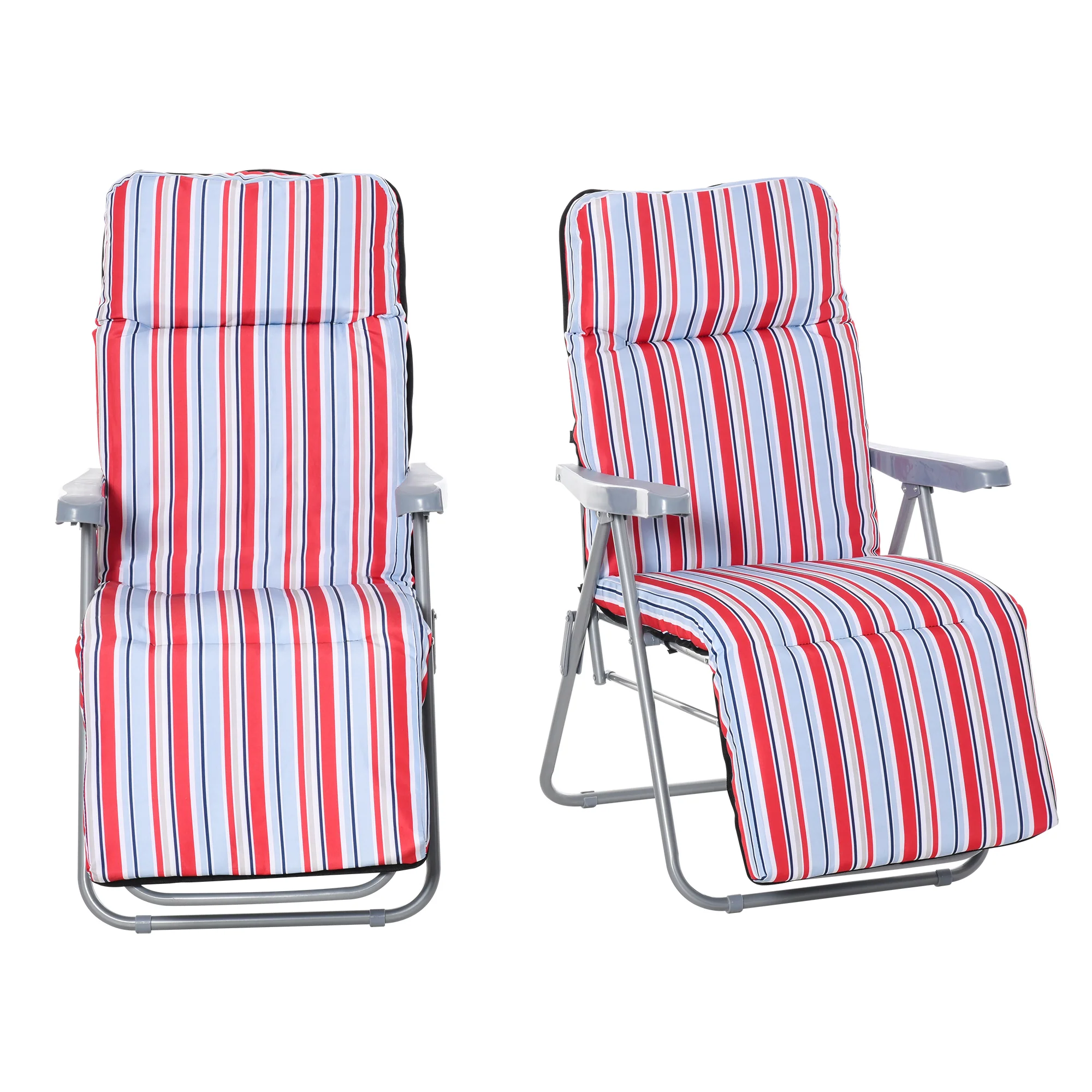 2PC Outdoor Reclining Chair, Foldable Adjustable Recliner w/ Cushioned Seat, Grey & Red - Image 2