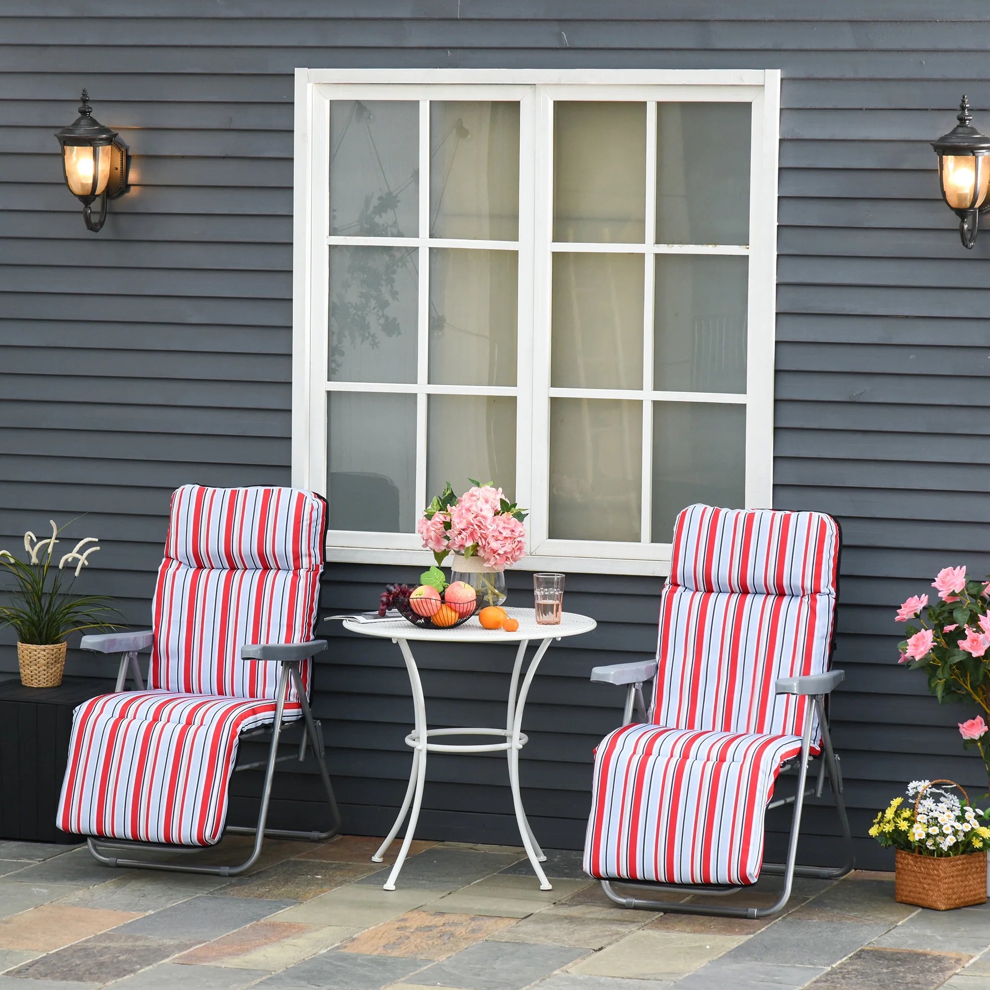 2PC Outdoor Reclining Chair, Foldable Adjustable Recliner w/ Cushioned Seat, Grey & Red - Image 3