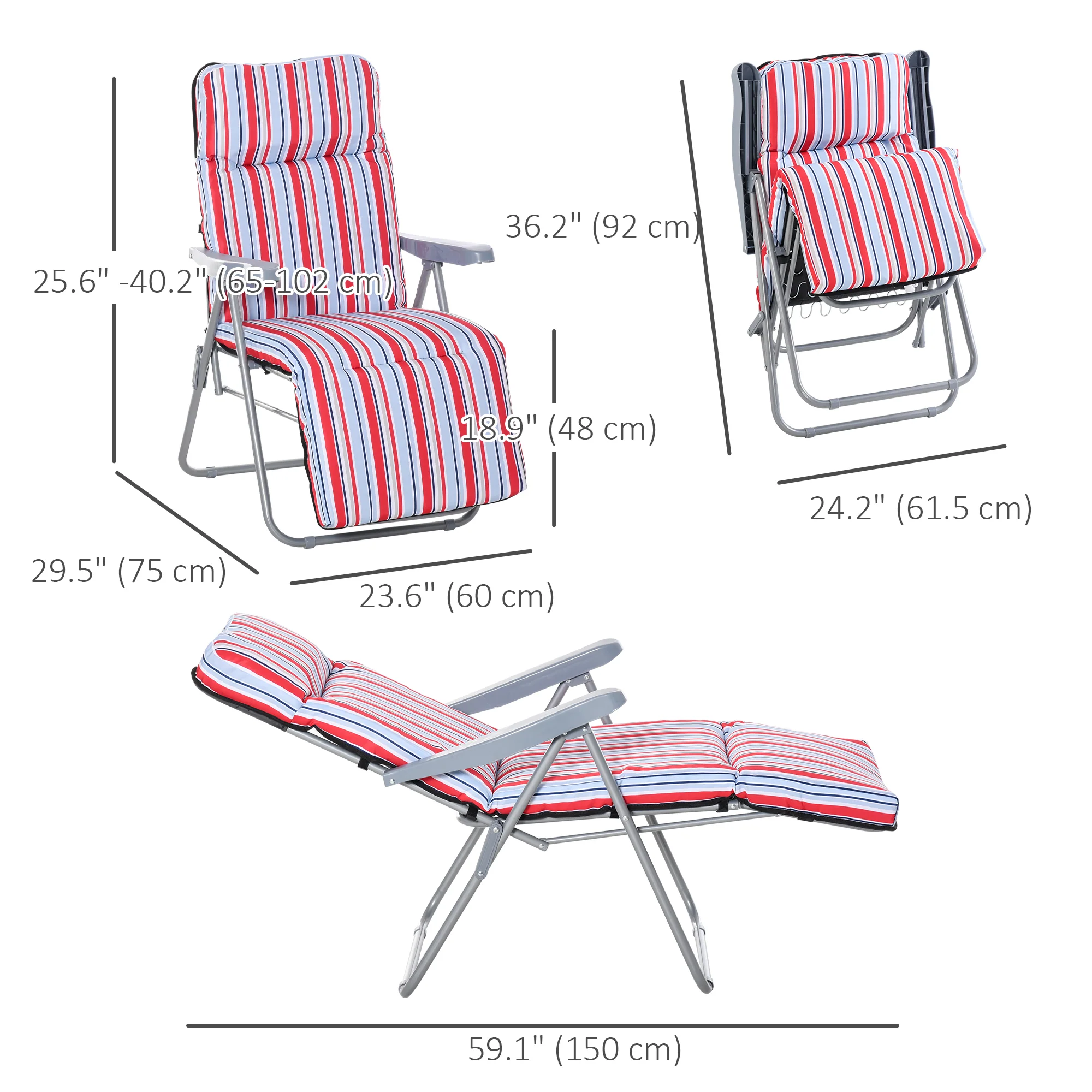 2PC Outdoor Reclining Chair, Foldable Adjustable Recliner w/ Cushioned Seat, Grey & Red - Image 5