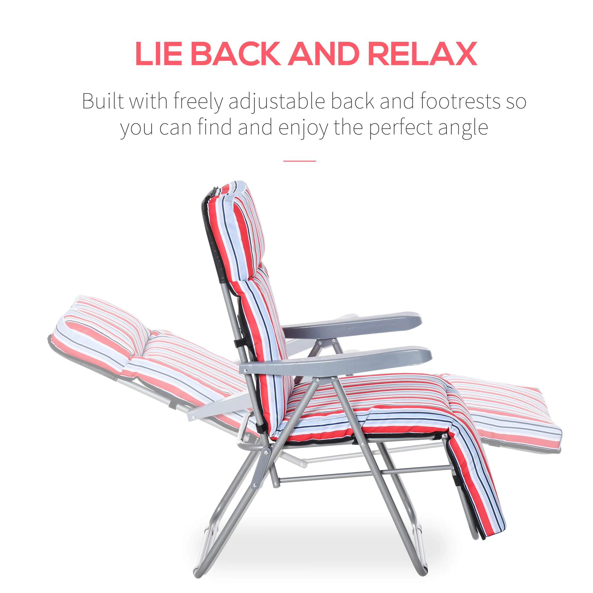 2PC Outdoor Reclining Chair, Foldable Adjustable Recliner w/ Cushioned Seat, Grey & Red - Image 6