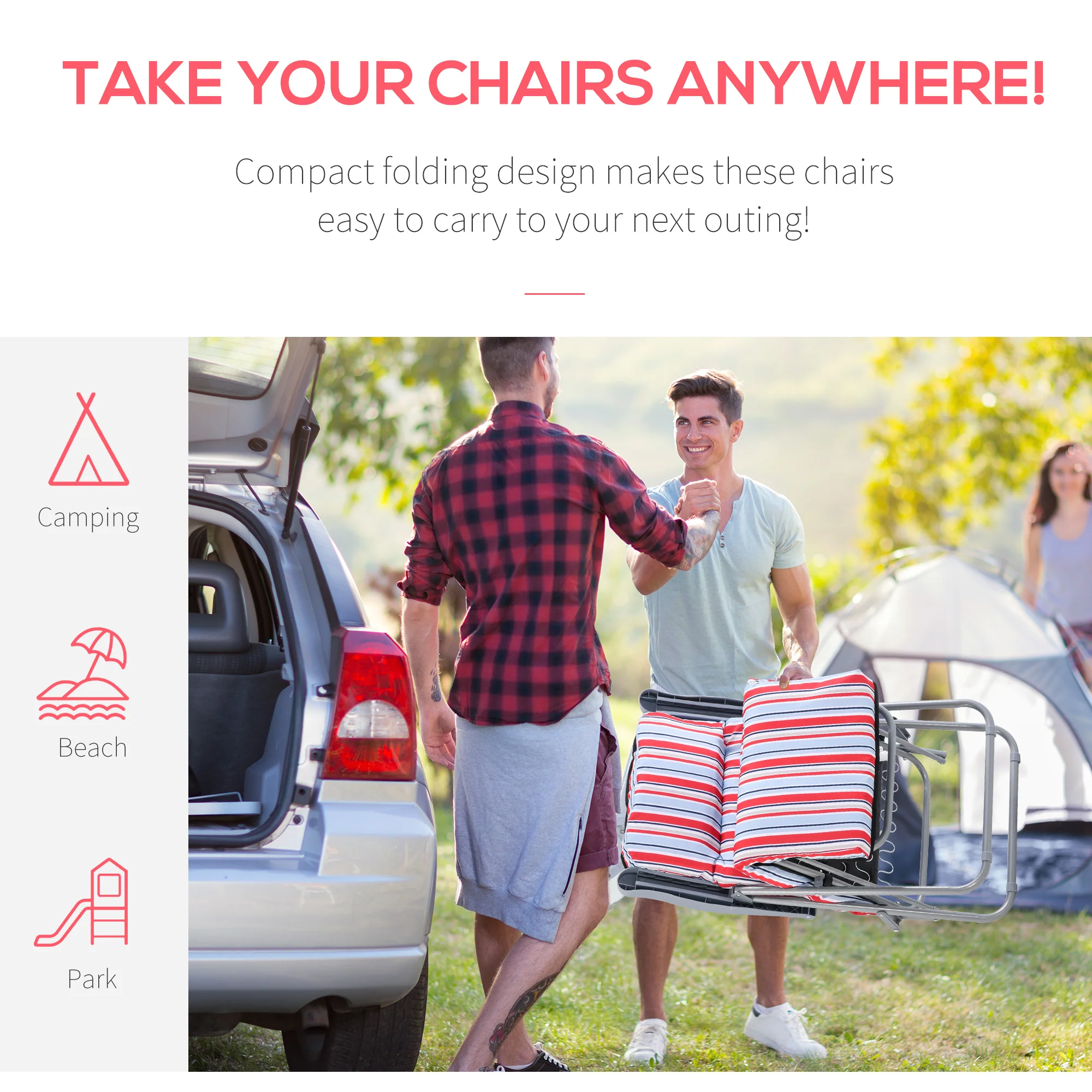 2PC Outdoor Reclining Chair, Foldable Adjustable Recliner w/ Cushioned Seat, Grey & Red - Image 8