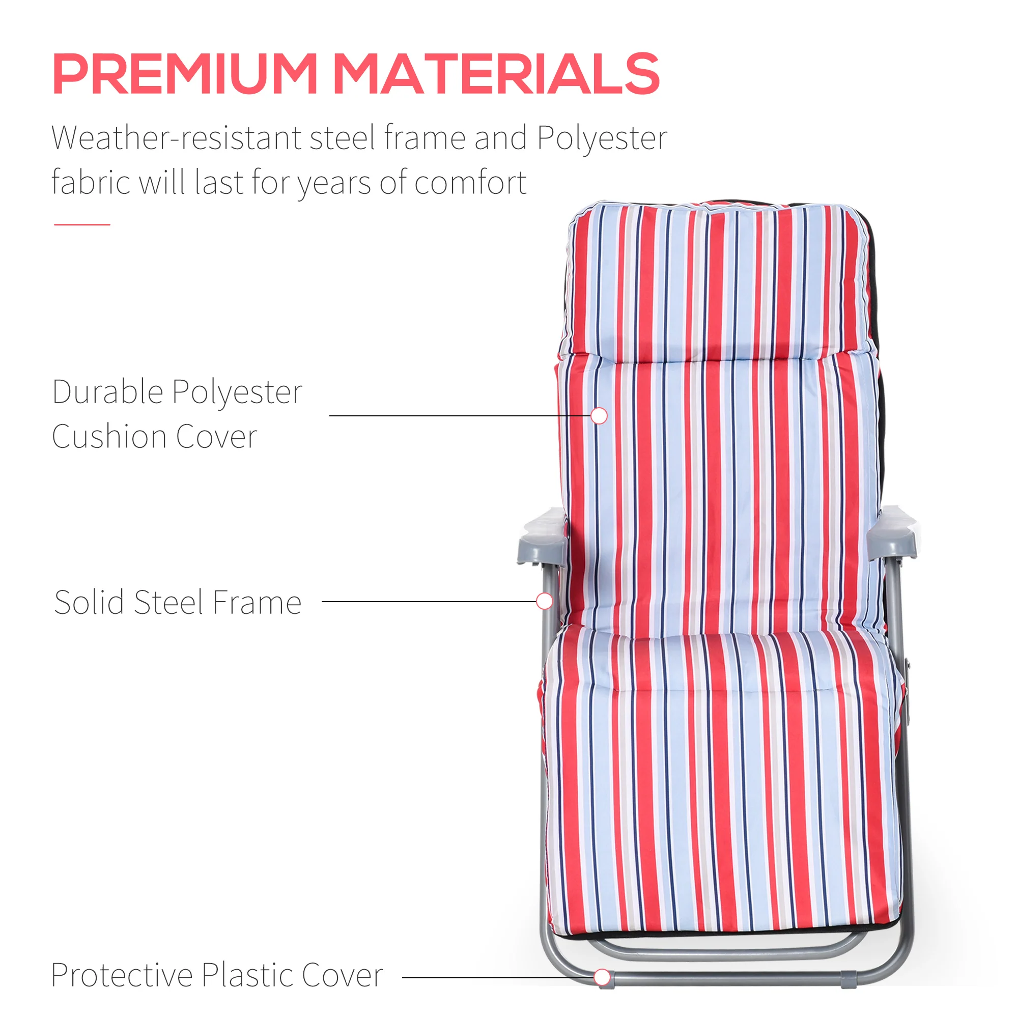 2PC Outdoor Reclining Chair, Foldable Adjustable Recliner w/ Cushioned Seat, Grey & Red - Image 9