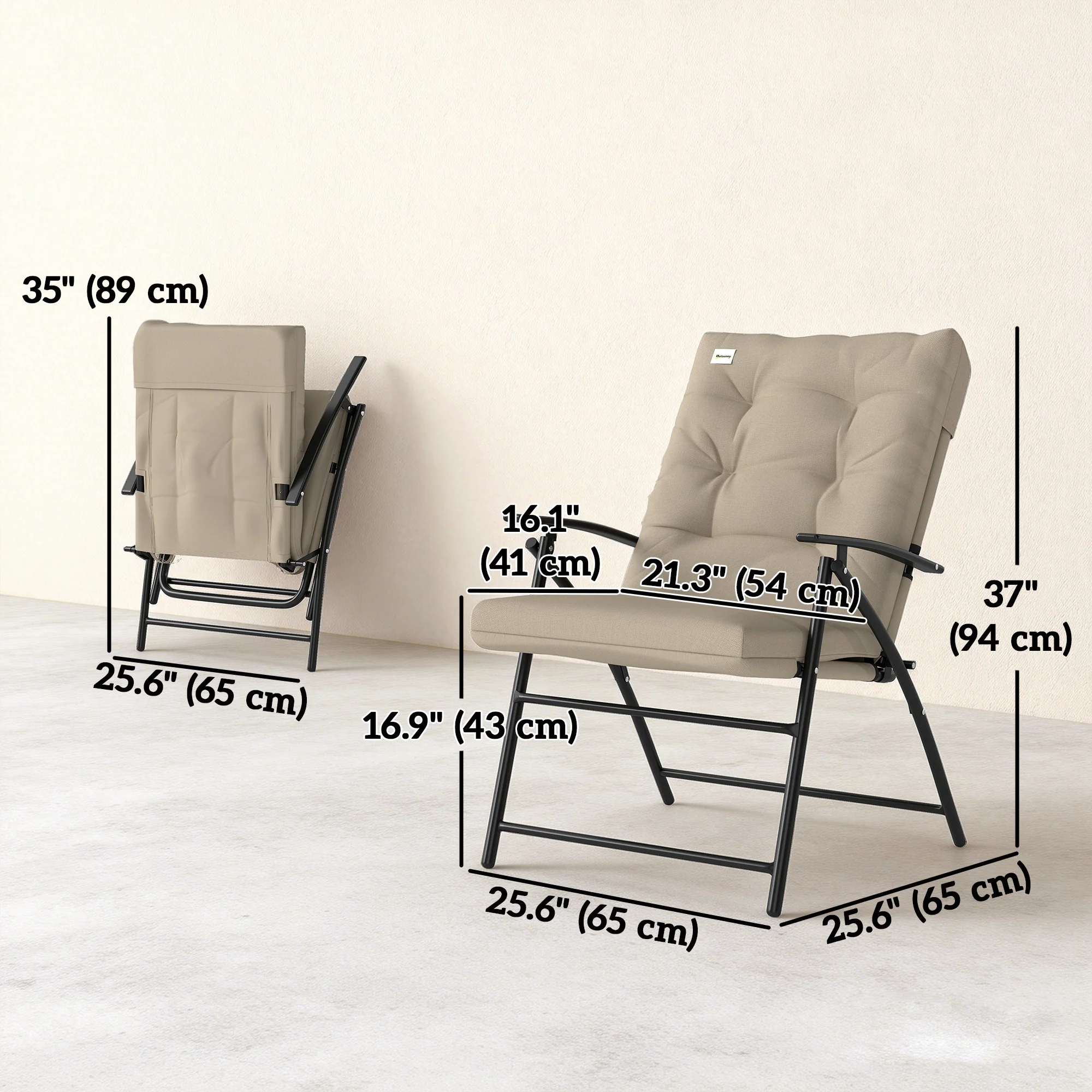 Set of 2 Folding Outdoor Dining Chairs with Adjustable Backrest, Khaki - Image 5