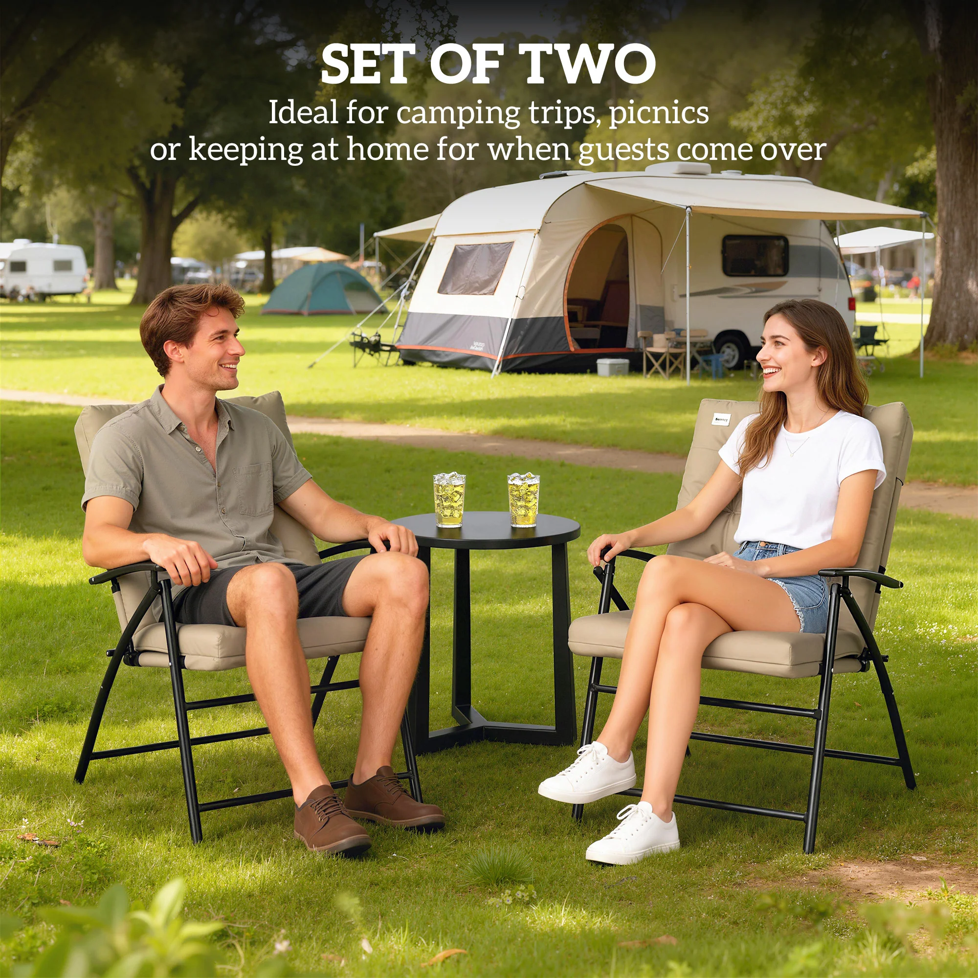 Set of 2 Folding Outdoor Dining Chairs with Adjustable Backrest, Khaki - Image 6