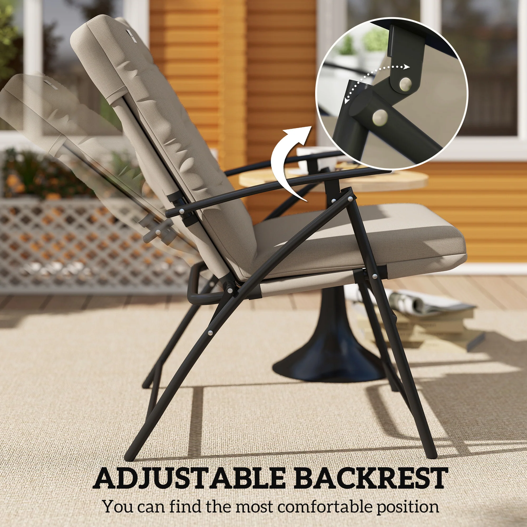 Set of 2 Folding Outdoor Dining Chairs with Adjustable Backrest, Khaki - Image 8