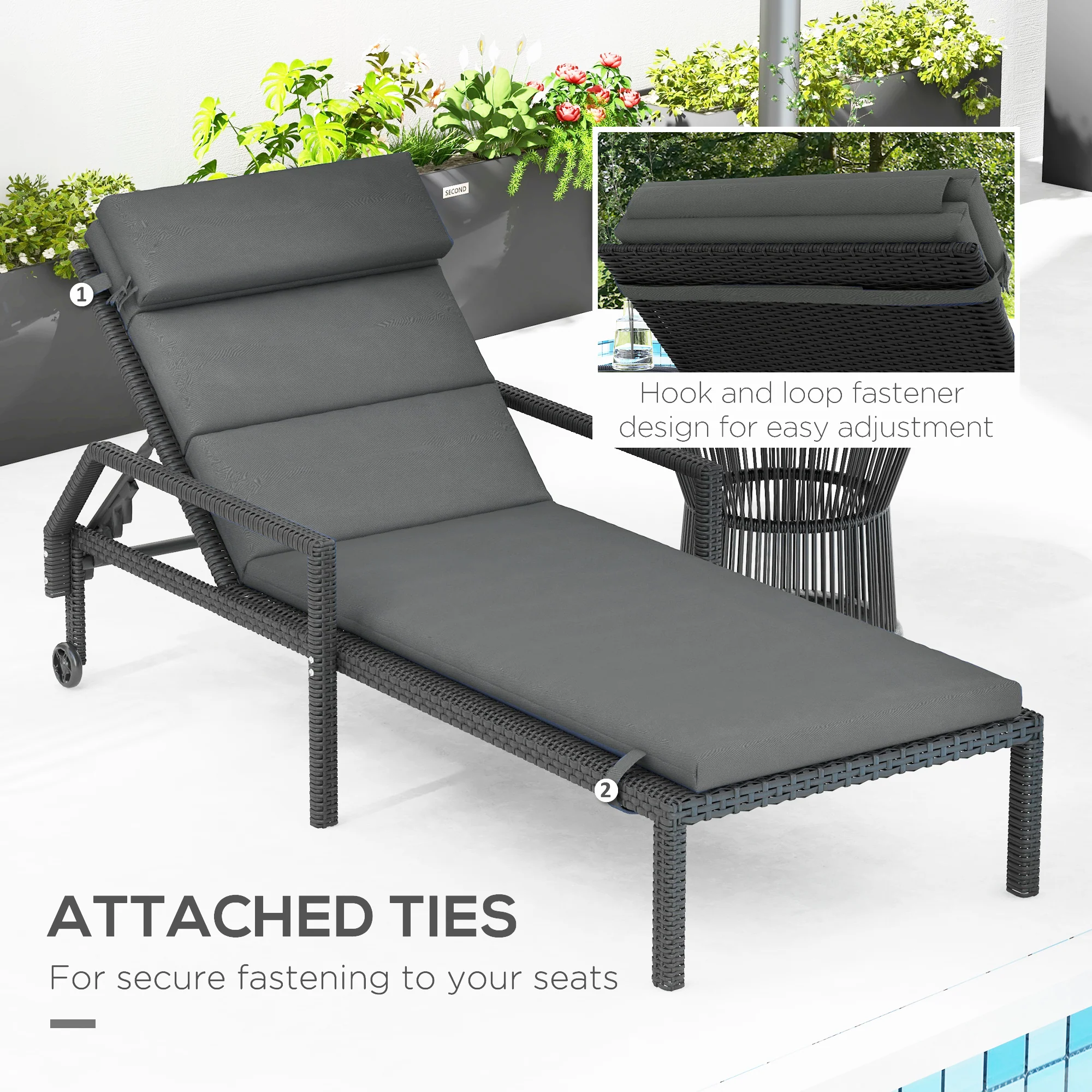 2PC Patio Chaise Lounge Chair Cushions Replacement Lounger Pads w/Headrest & Ties, Grey - Image 8