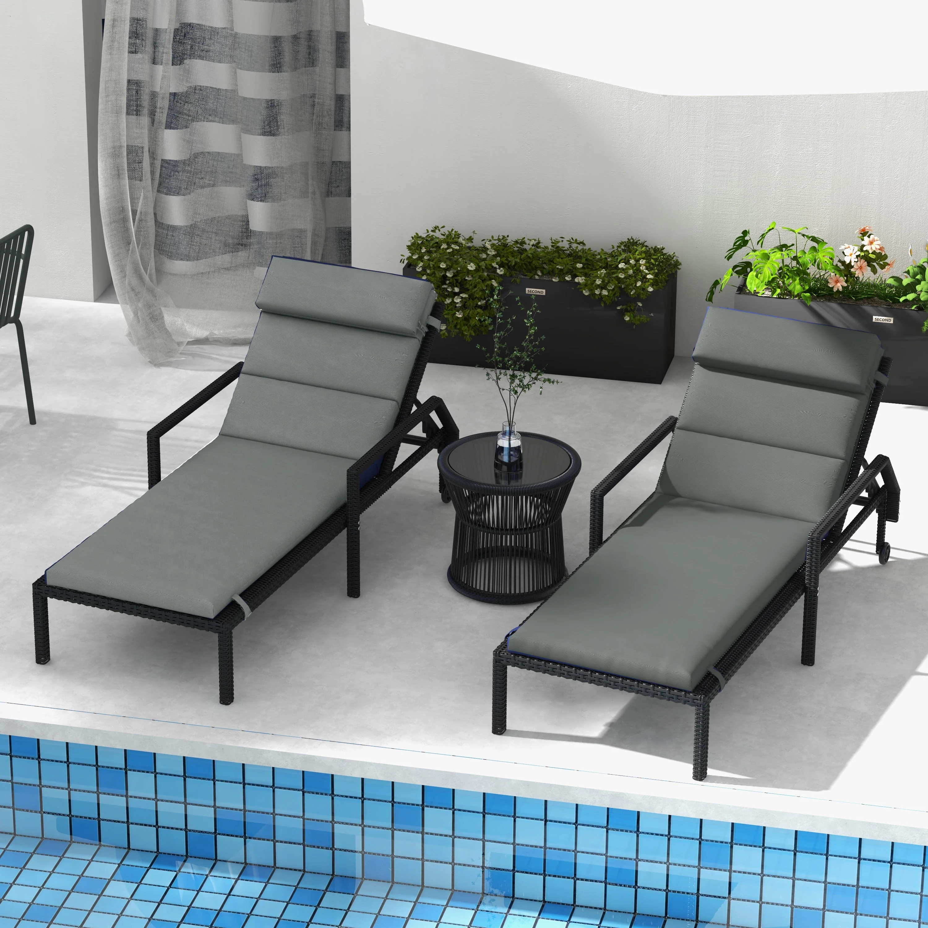 2PC Patio Chaise Lounge Chair Cushions Replacement Lounger Pads w/Headrest & Ties, Grey - Image 9