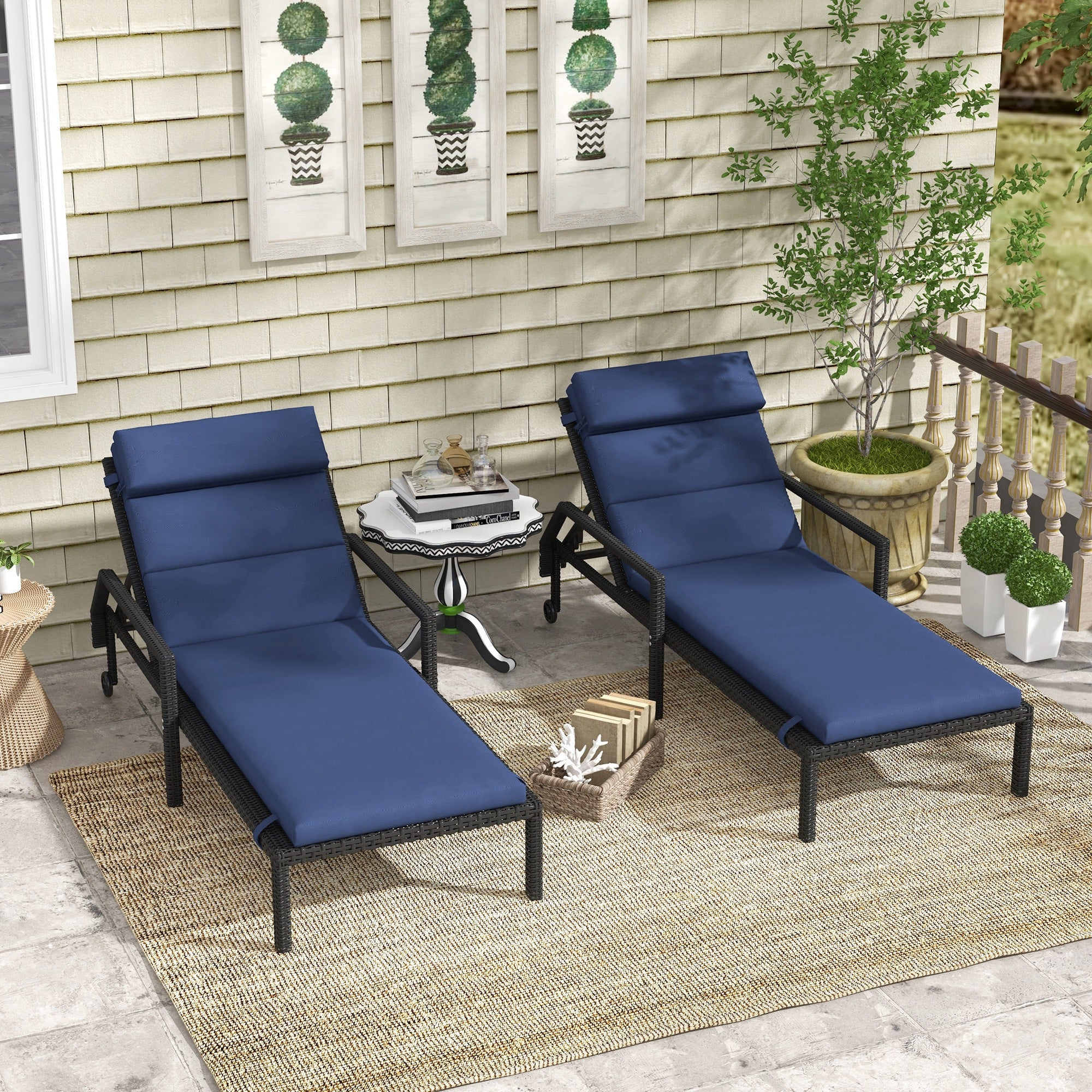 2PC Patio Chaise Lounge Chair Cushions Replacement Lounger Pads w/Headrest & Ties, Dark Blue - Image 3