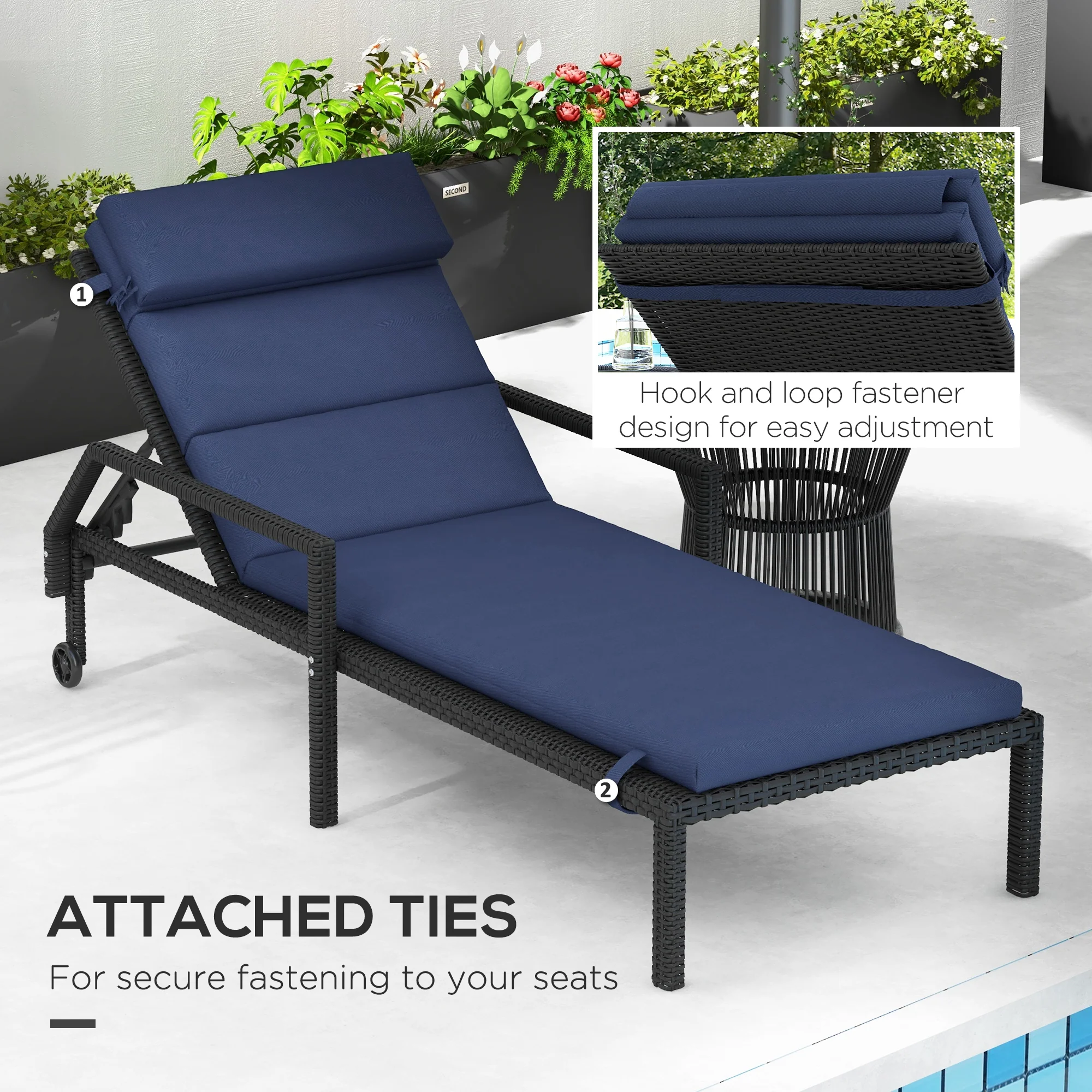 2PC Patio Chaise Lounge Chair Cushions Replacement Lounger Pads w/Headrest & Ties, Dark Blue - Image 8