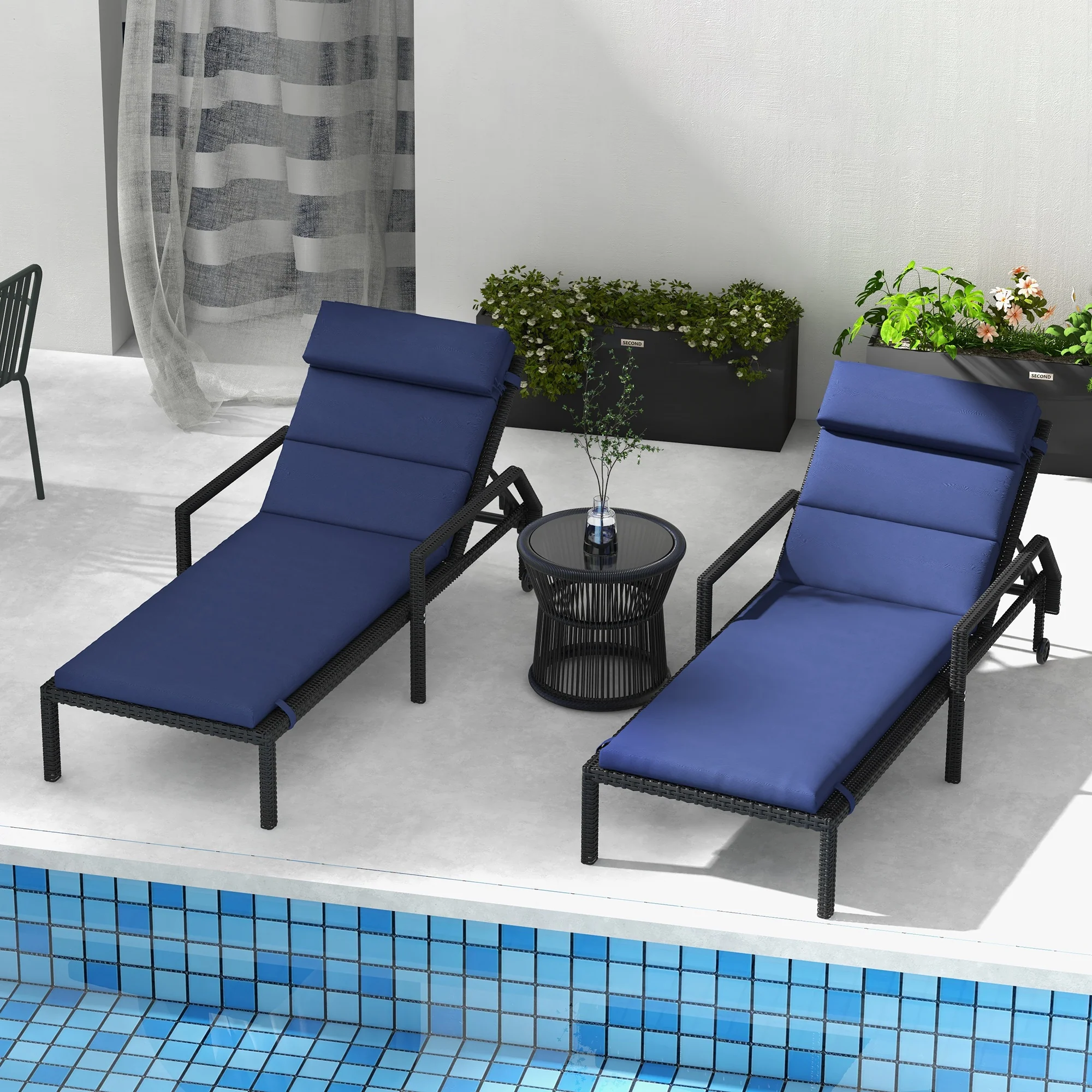 2PC Patio Chaise Lounge Chair Cushions Replacement Lounger Pads w/Headrest & Ties, Dark Blue - Image 9