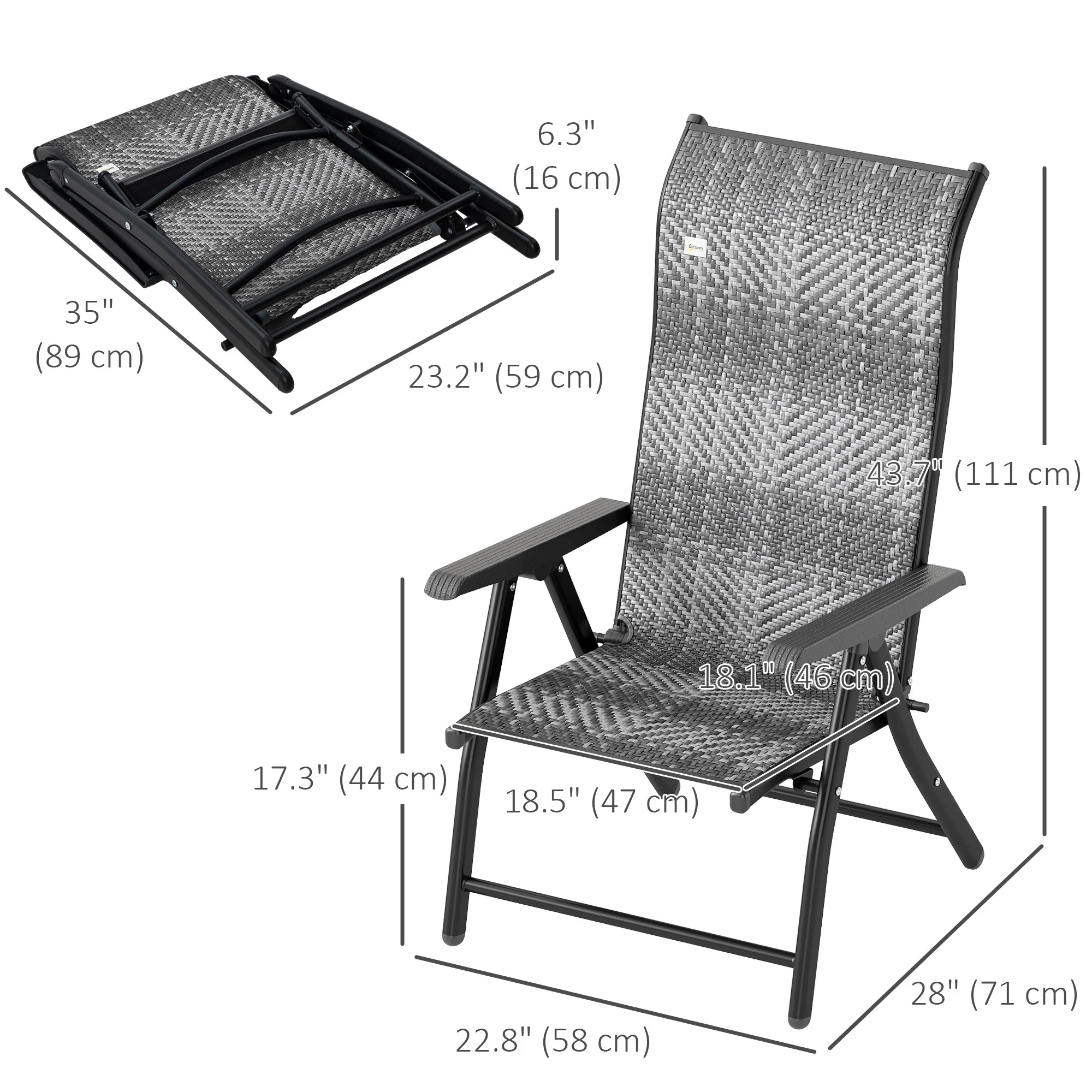 2PCs Outdoor Wicker Folding Chairs with Adjustable Backrest & Steel Frame, Mixed Grey - Image 5