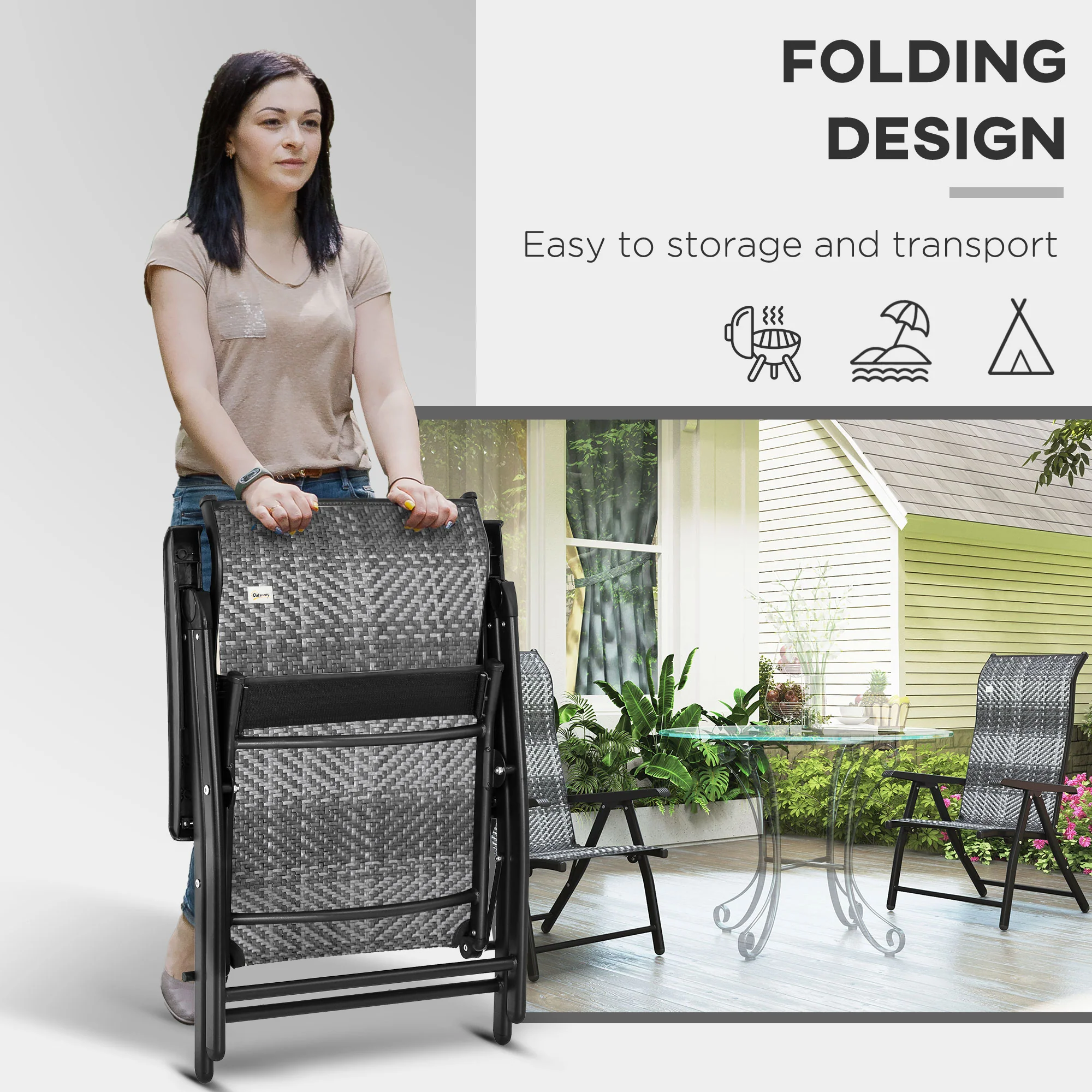 2PCs Outdoor Wicker Folding Chairs with Adjustable Backrest & Steel Frame, Mixed Grey - Image 6