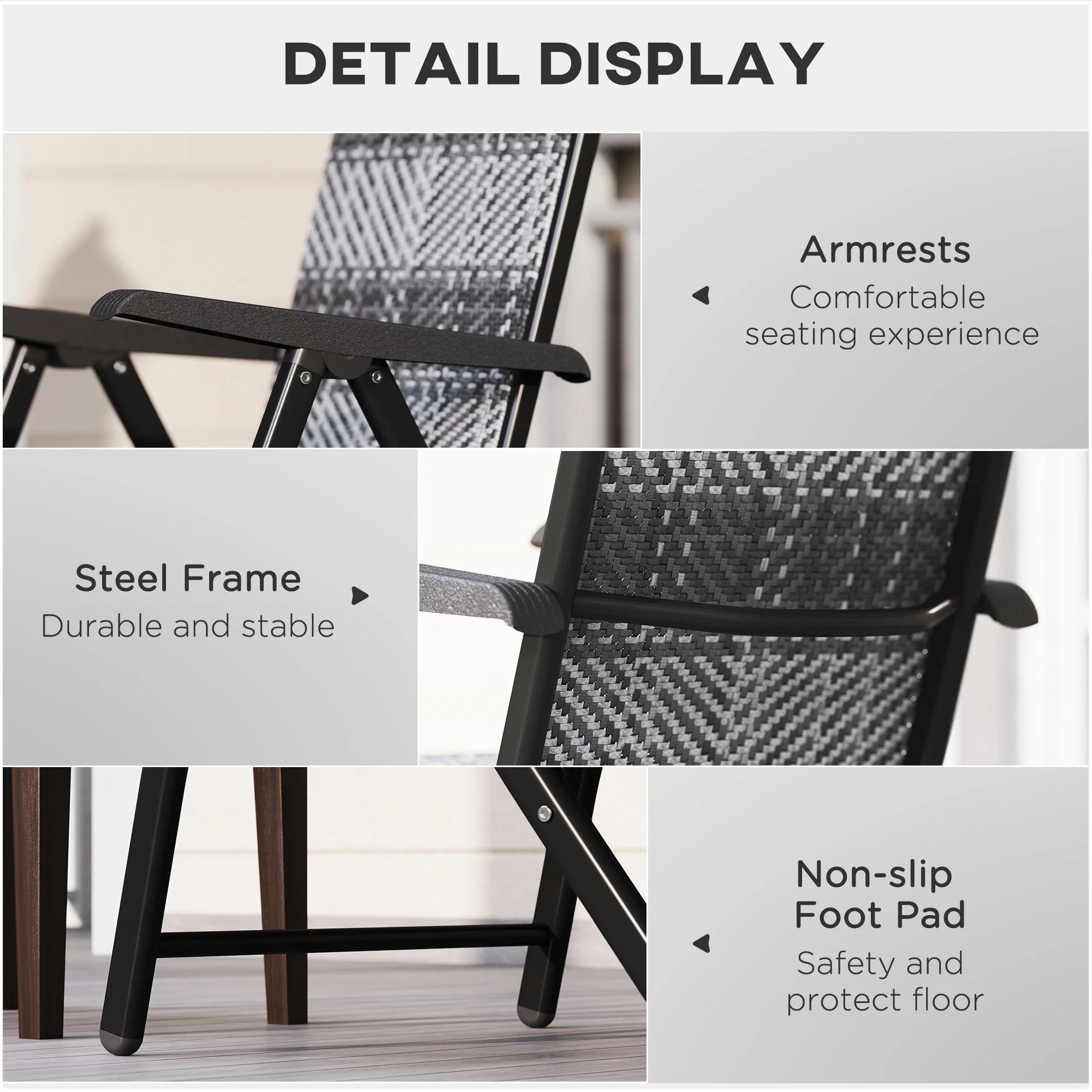 2PCs Outdoor Wicker Folding Chairs with Adjustable Backrest & Steel Frame, Mixed Grey - Image 9