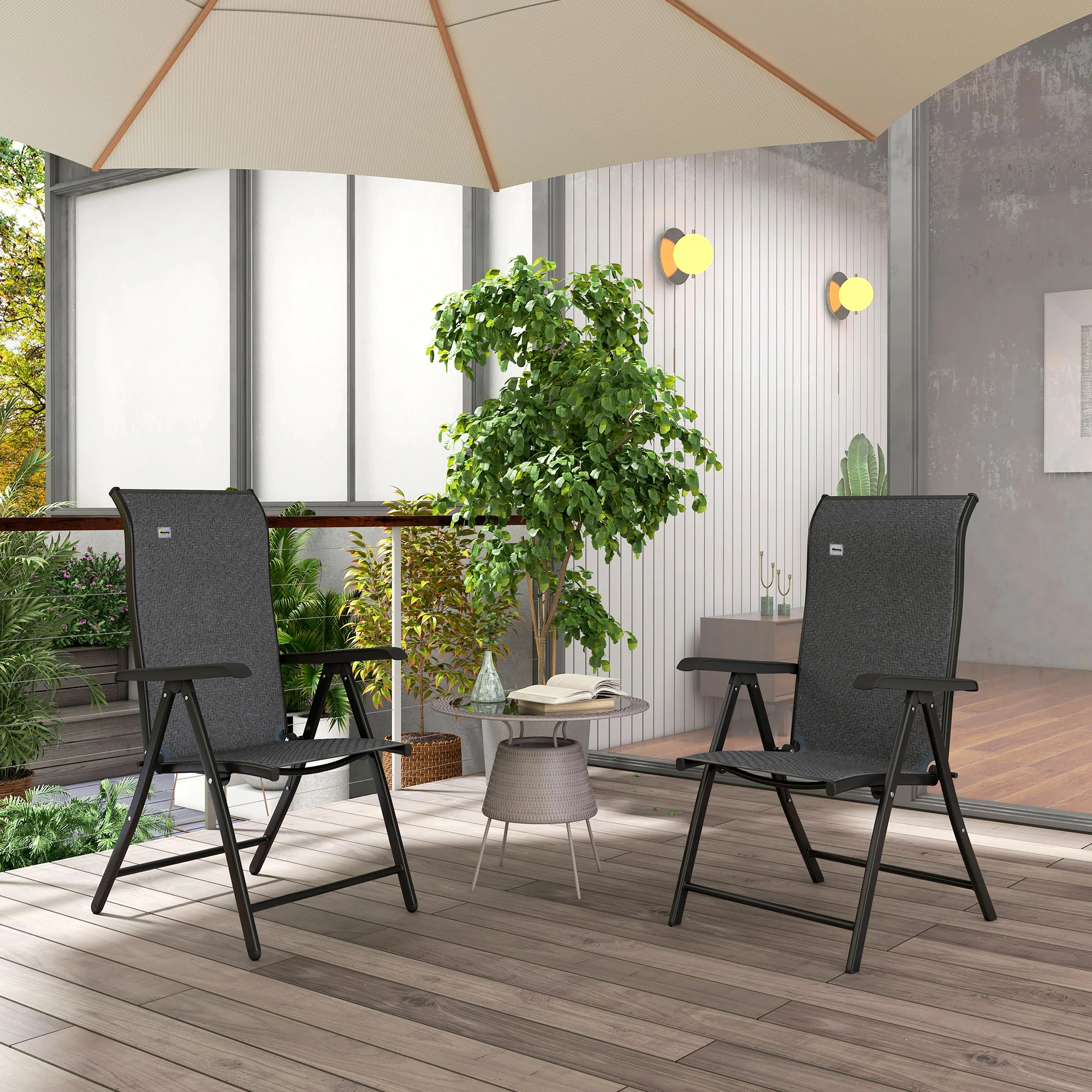 2PCs Outdoor Wicker Folding Chairs with Adjustable Backrest & Steel Frame, Grey - Image 3