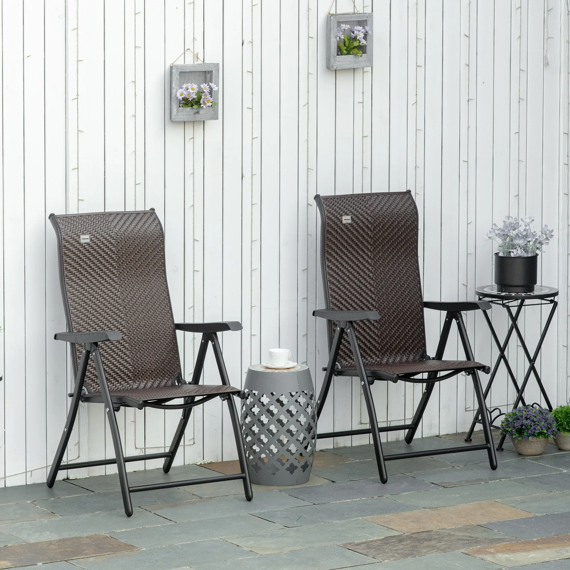 2PCs Outdoor Wicker Folding Chairs with Adjustable Backrest & Steel Frame, Brown - Image 3