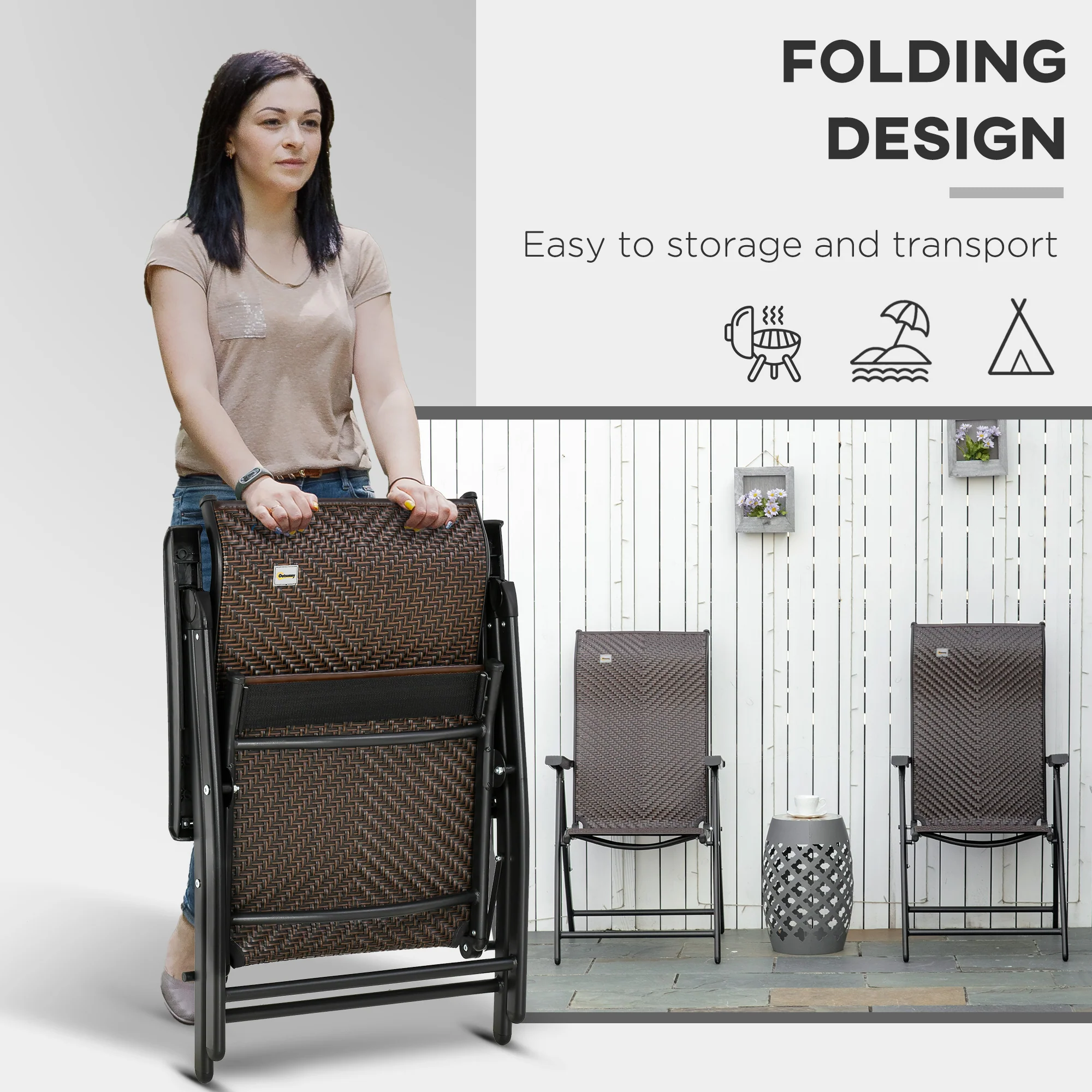 2PCs Outdoor Wicker Folding Chairs with Adjustable Backrest & Steel Frame, Brown - Image 6