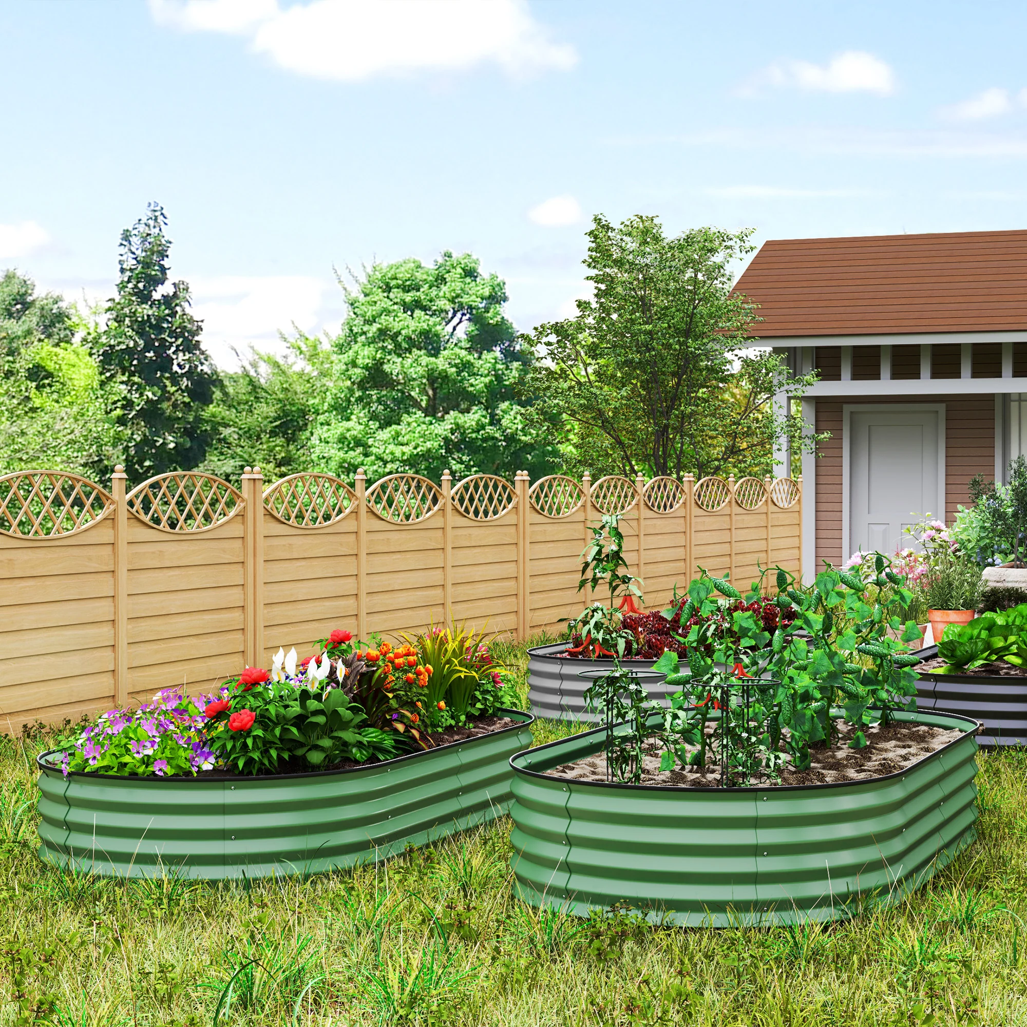 Set of 2 Raised Beds for Garden, Outdoor Galvanised Planter Box with Plant Support Stakes, Rubber Strap Edging and Bottomless for Flower, Vegetable, 181 x 93 x 30 cm, Green - Image 3