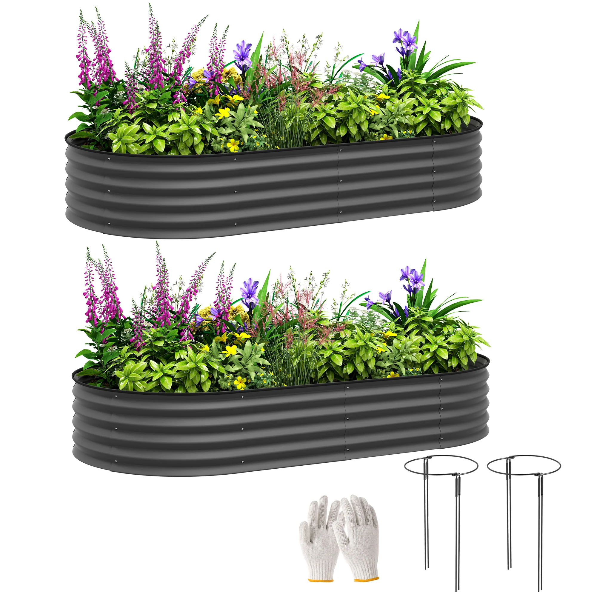 Set of 2 Galvanised Planter Box with Plant Support Stakes, 181 x 93 x 30 cm, Dark Grey