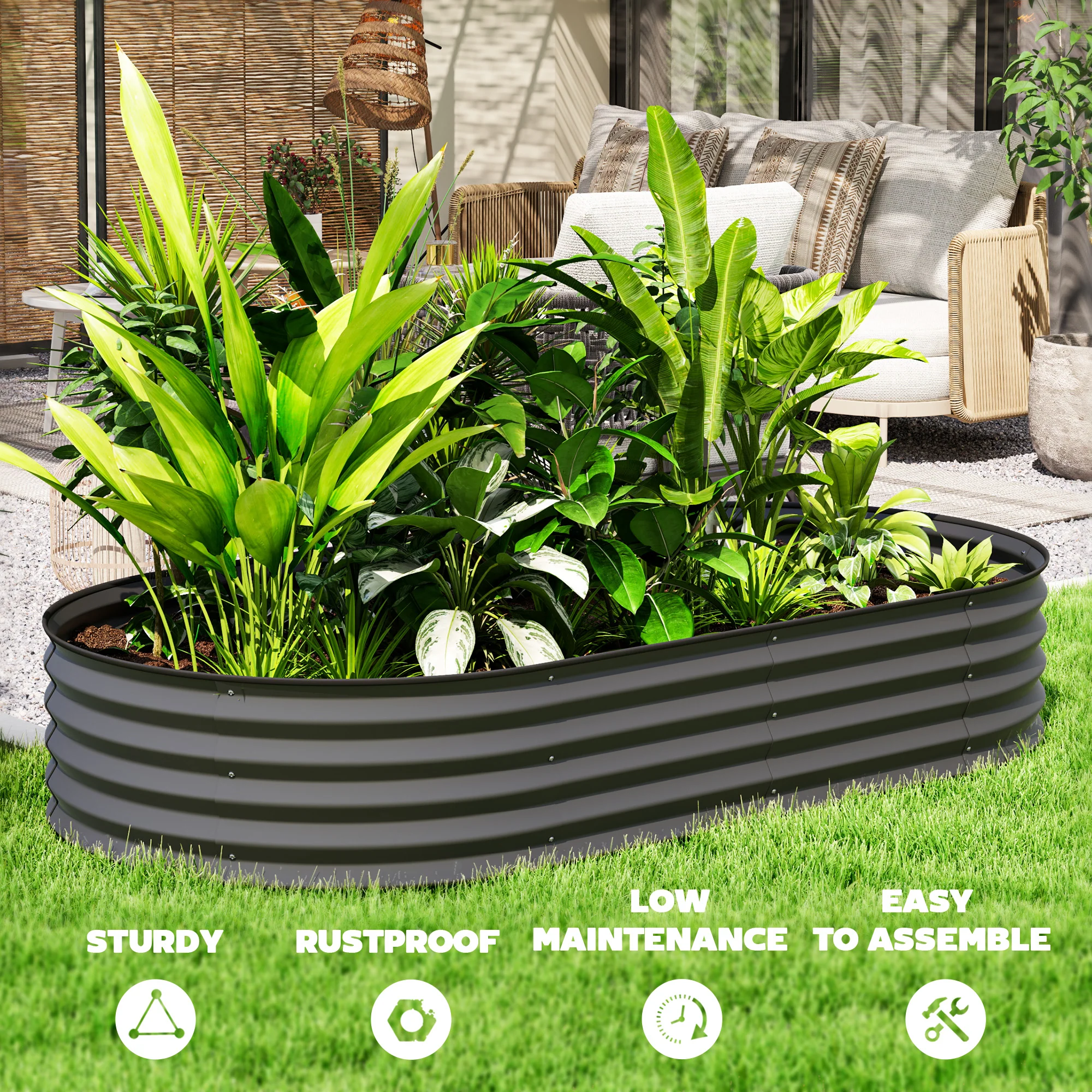 Set of 2 Galvanised Planter Box with Plant Support Stakes, 181 x 93 x 30 cm, Dark Grey - Image 10