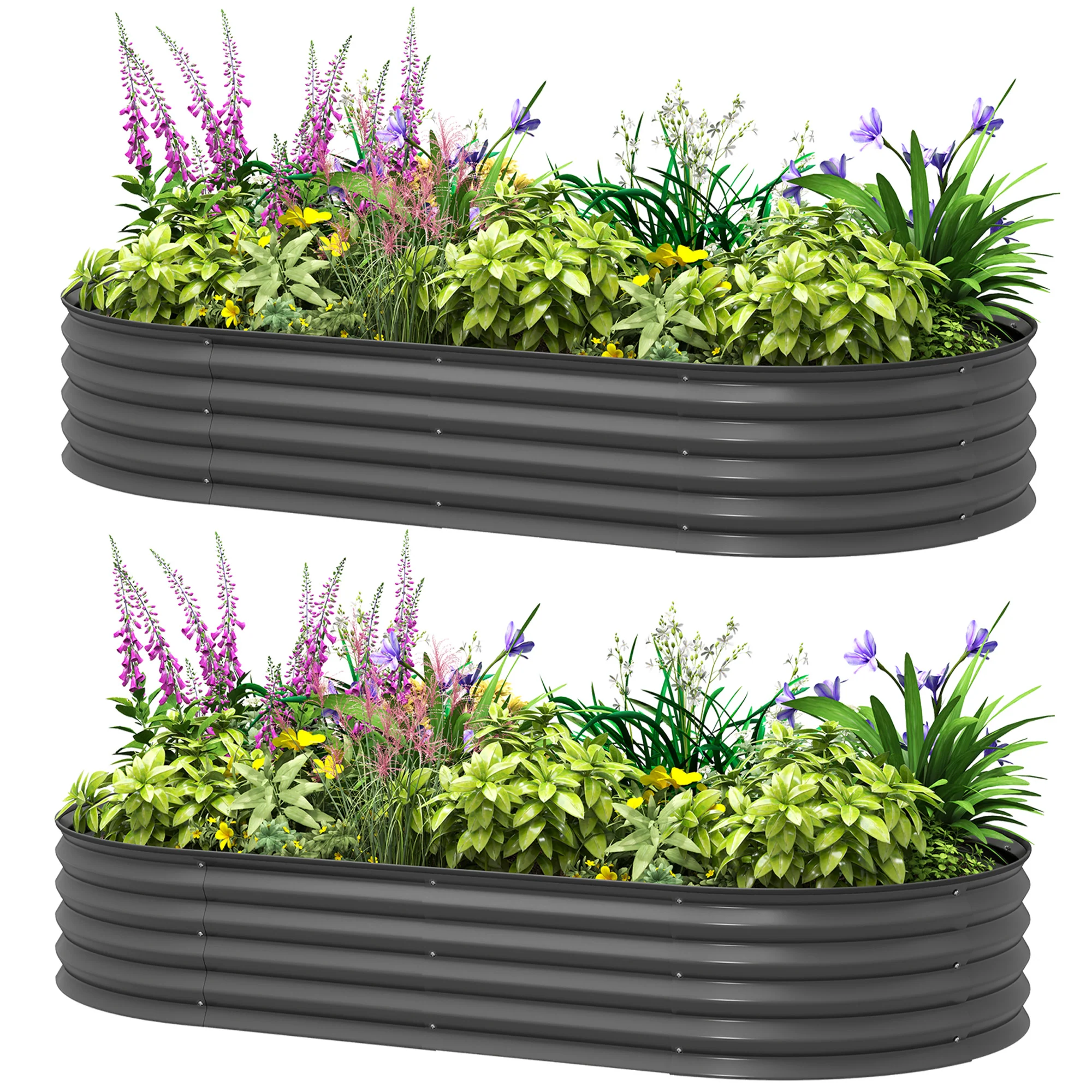 Set of 2 Galvanised Planter Box with Plant Support Stakes, 181 x 93 x 30 cm, Dark Grey - Image 2