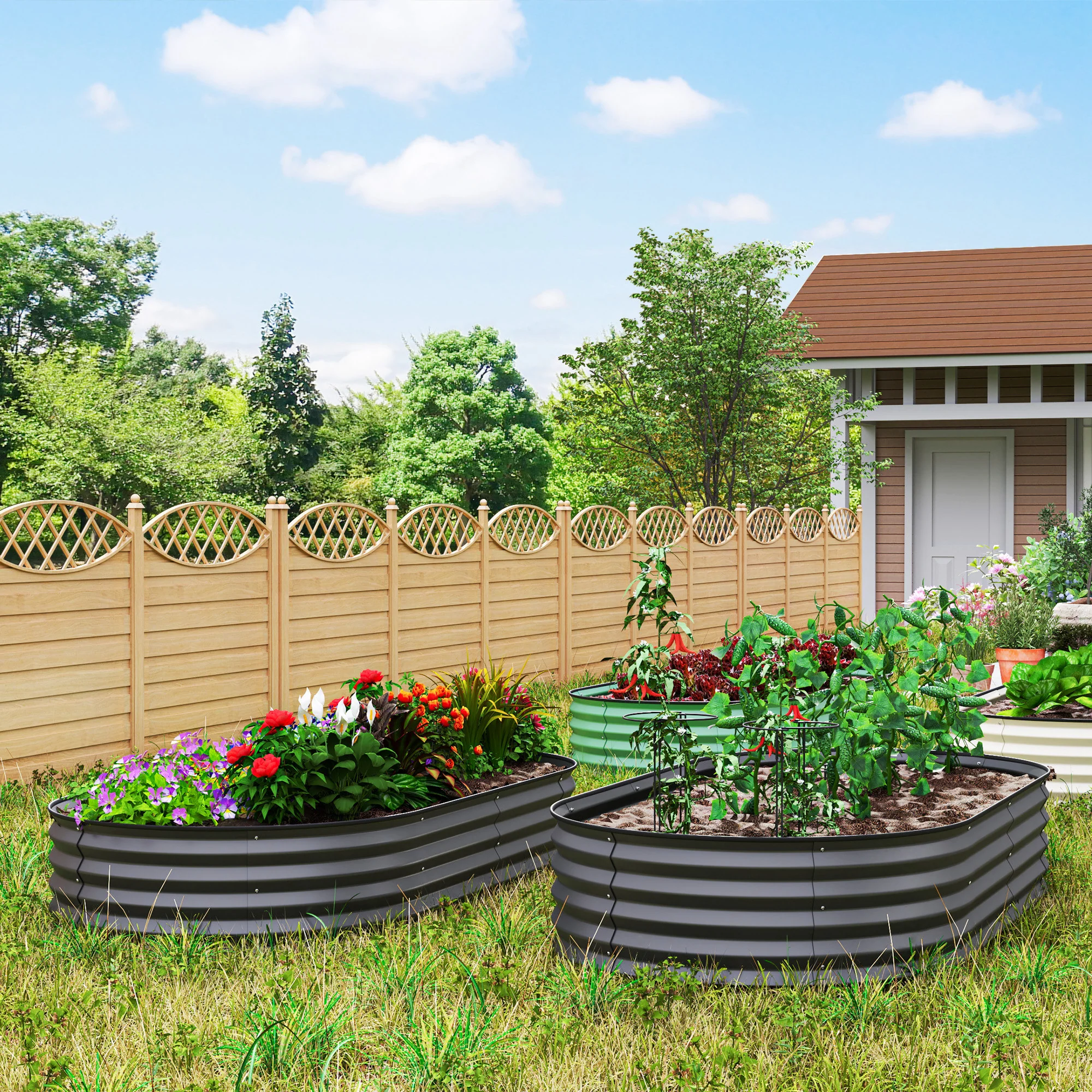 Set of 2 Galvanised Planter Box with Plant Support Stakes, 181 x 93 x 30 cm, Dark Grey - Image 3