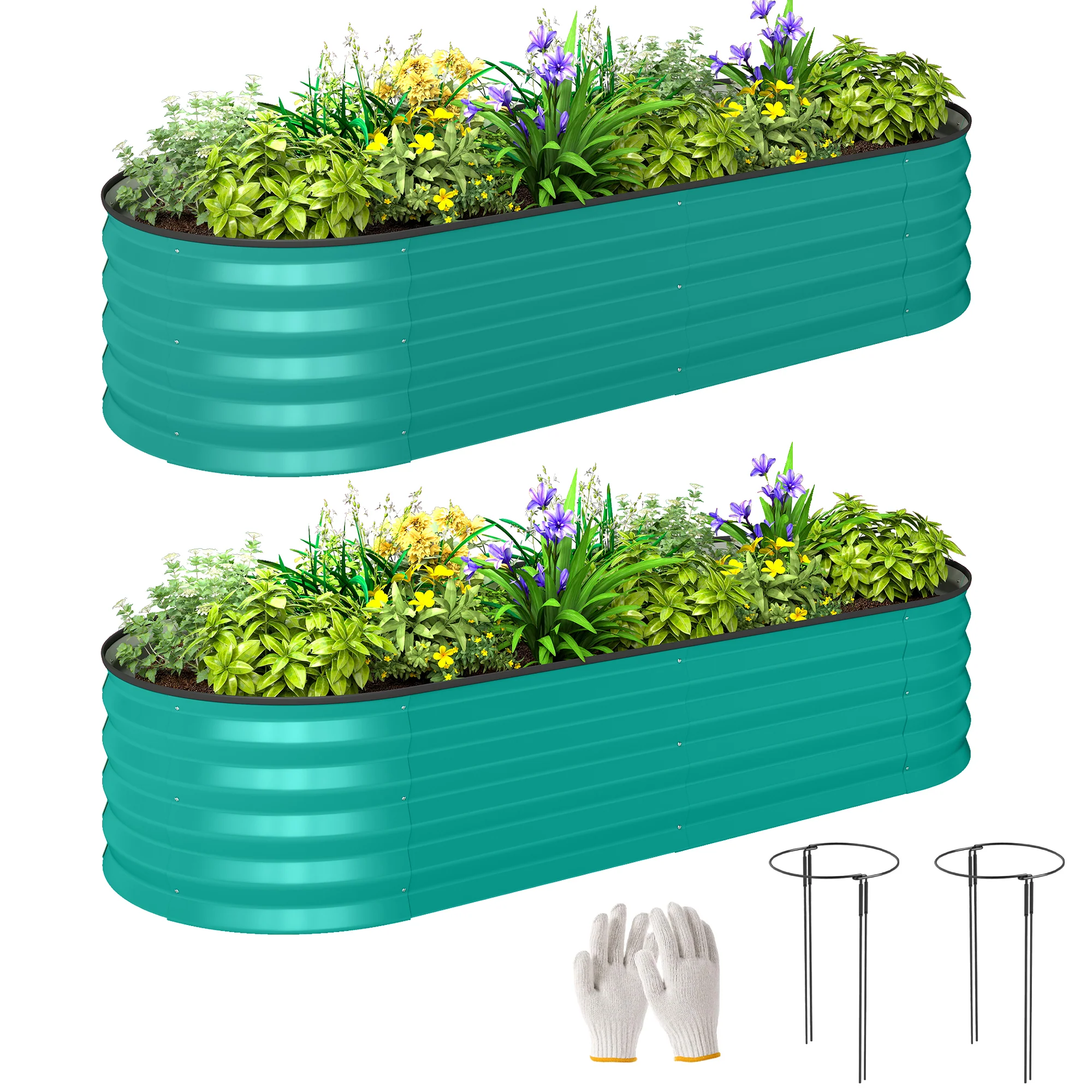 Set of 2 Galvanised Raised Beds with Stakes, 150 x 60 x 30 cm, Green