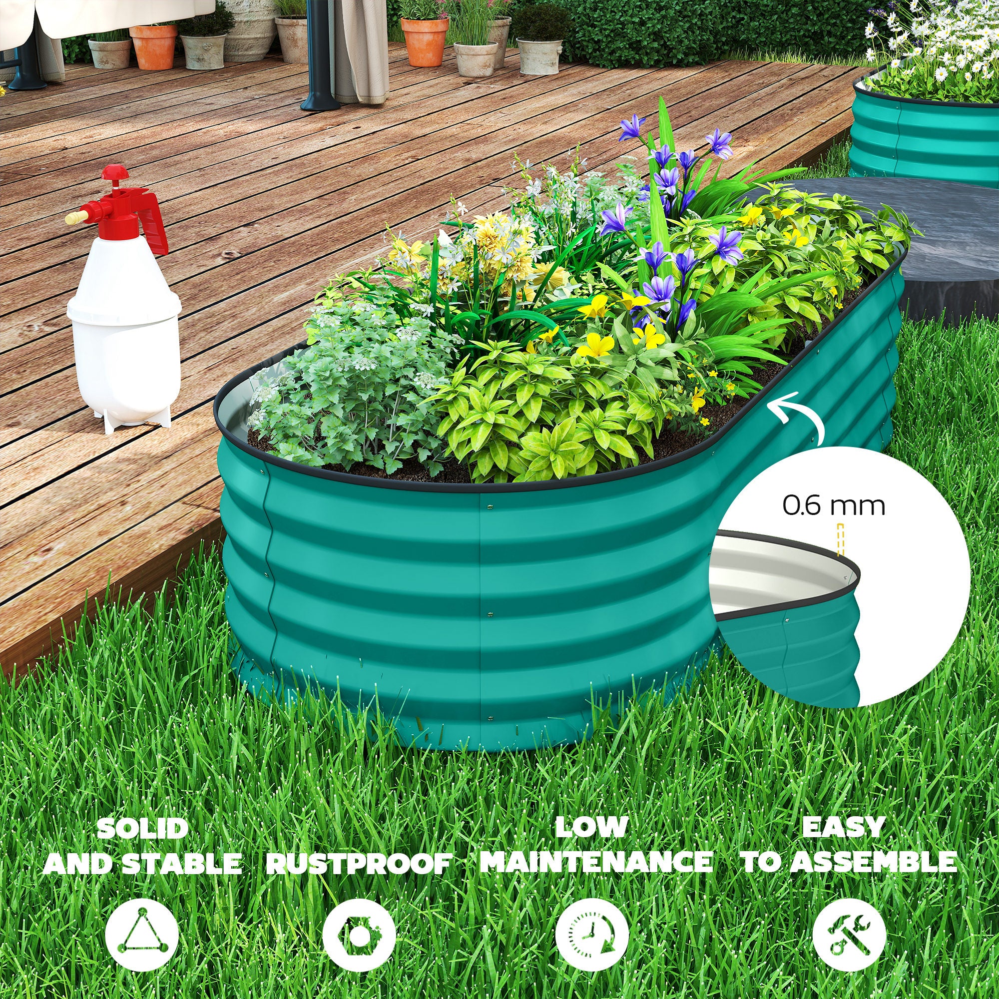 Set of 2 Galvanised Raised Beds with Stakes, 150 x 60 x 30 cm, Green - Image 10