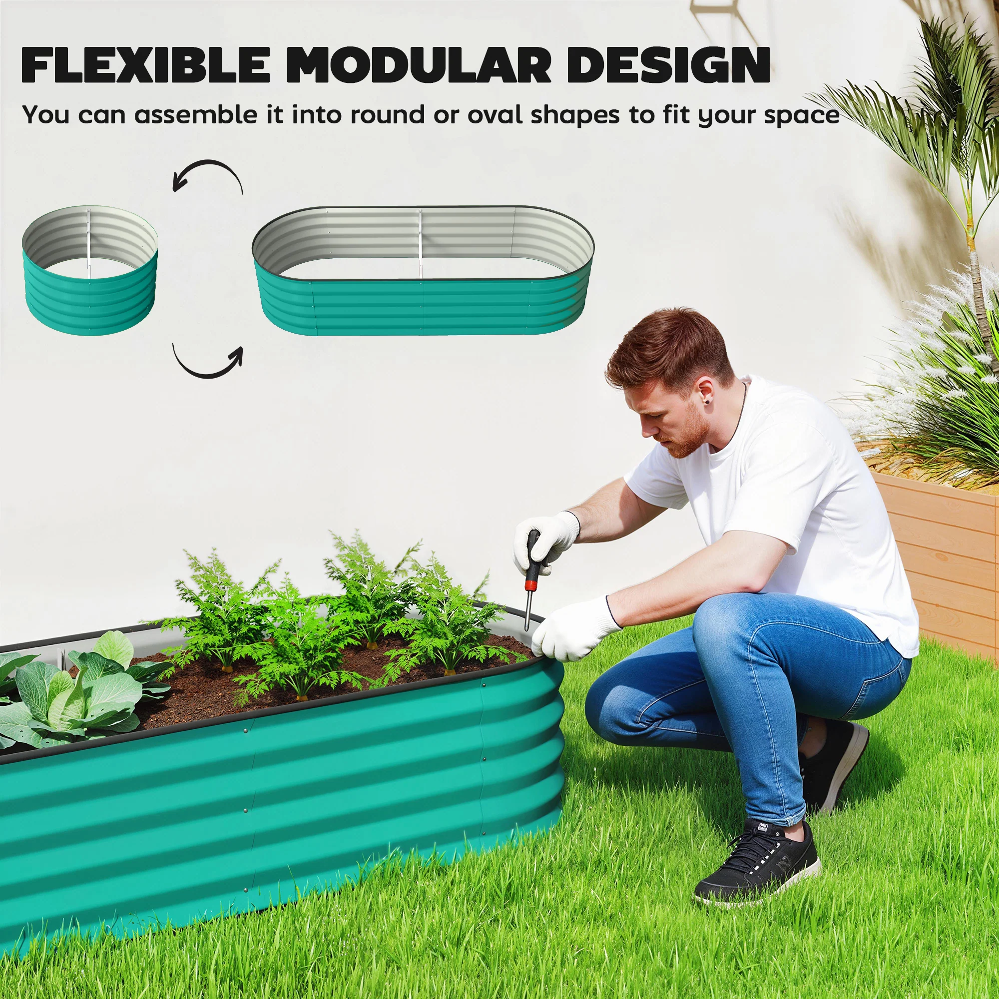 Set of 2 Galvanised Raised Beds with Stakes, 150 x 60 x 30 cm, Green - Image 11