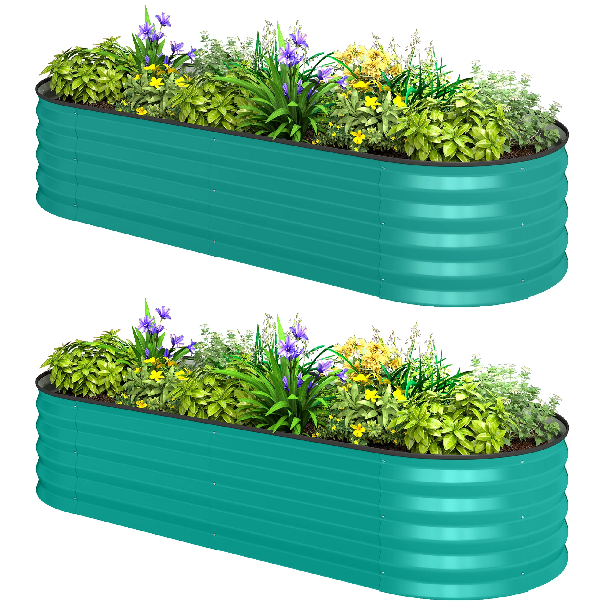 Set of 2 Galvanised Raised Beds with Stakes, 150 x 60 x 30 cm, Green - Image 2