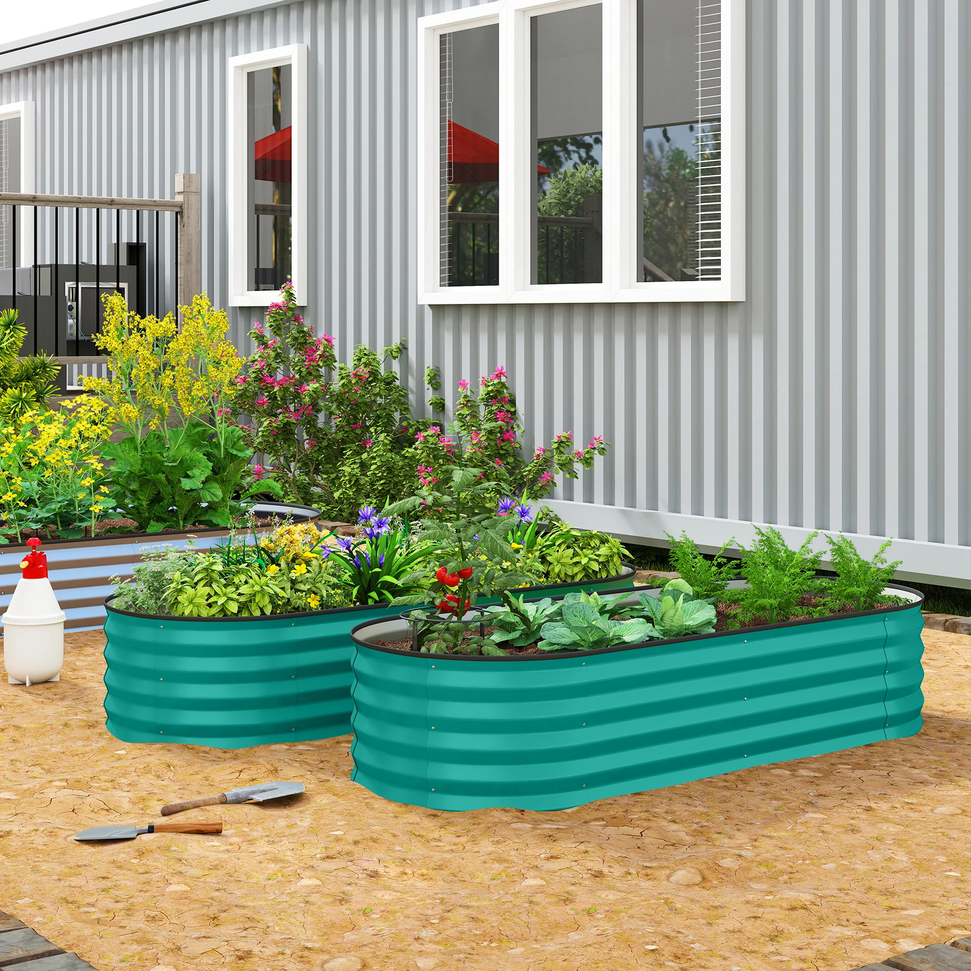 Set of 2 Galvanised Raised Beds with Stakes, 150 x 60 x 30 cm, Green - Image 3