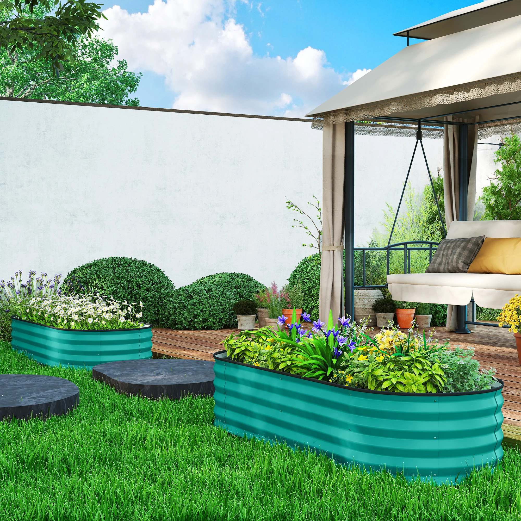 Set of 2 Galvanised Raised Beds with Stakes, 150 x 60 x 30 cm, Green - Image 4