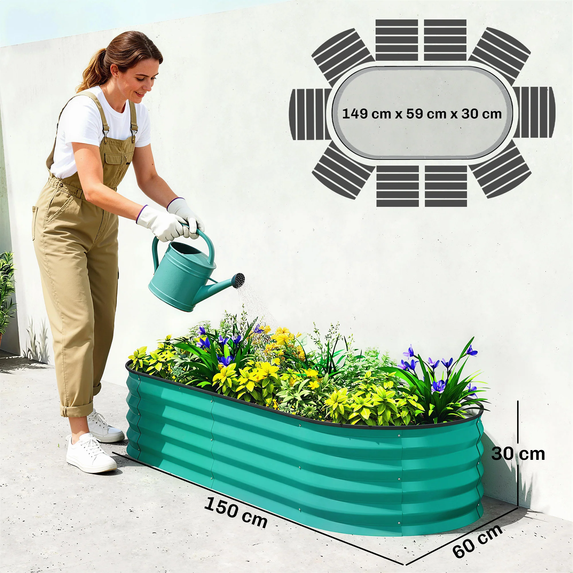 Set of 2 Galvanised Raised Beds with Stakes, 150 x 60 x 30 cm, Green - Image 5