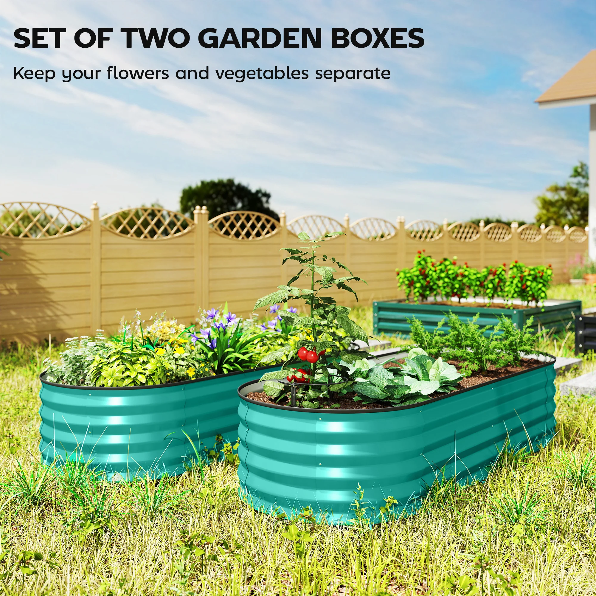 Set of 2 Galvanised Raised Beds with Stakes, 150 x 60 x 30 cm, Green - Image 6