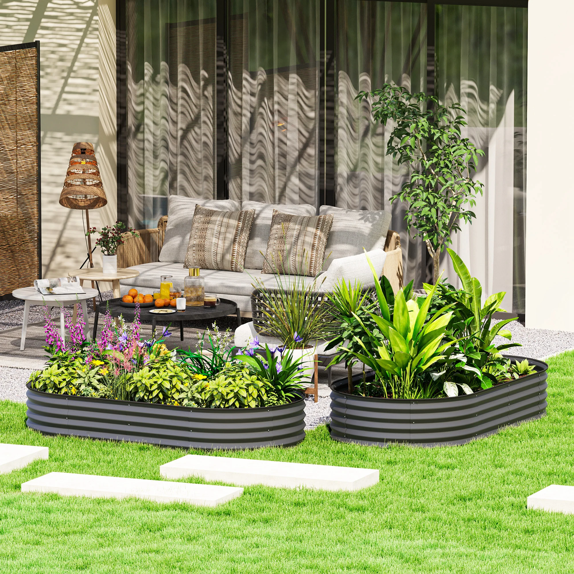Set of 2 Galvanised Planter Box with Plant Support Stakes, 181 x 93 x 30 cm, Dark Grey - Image 4