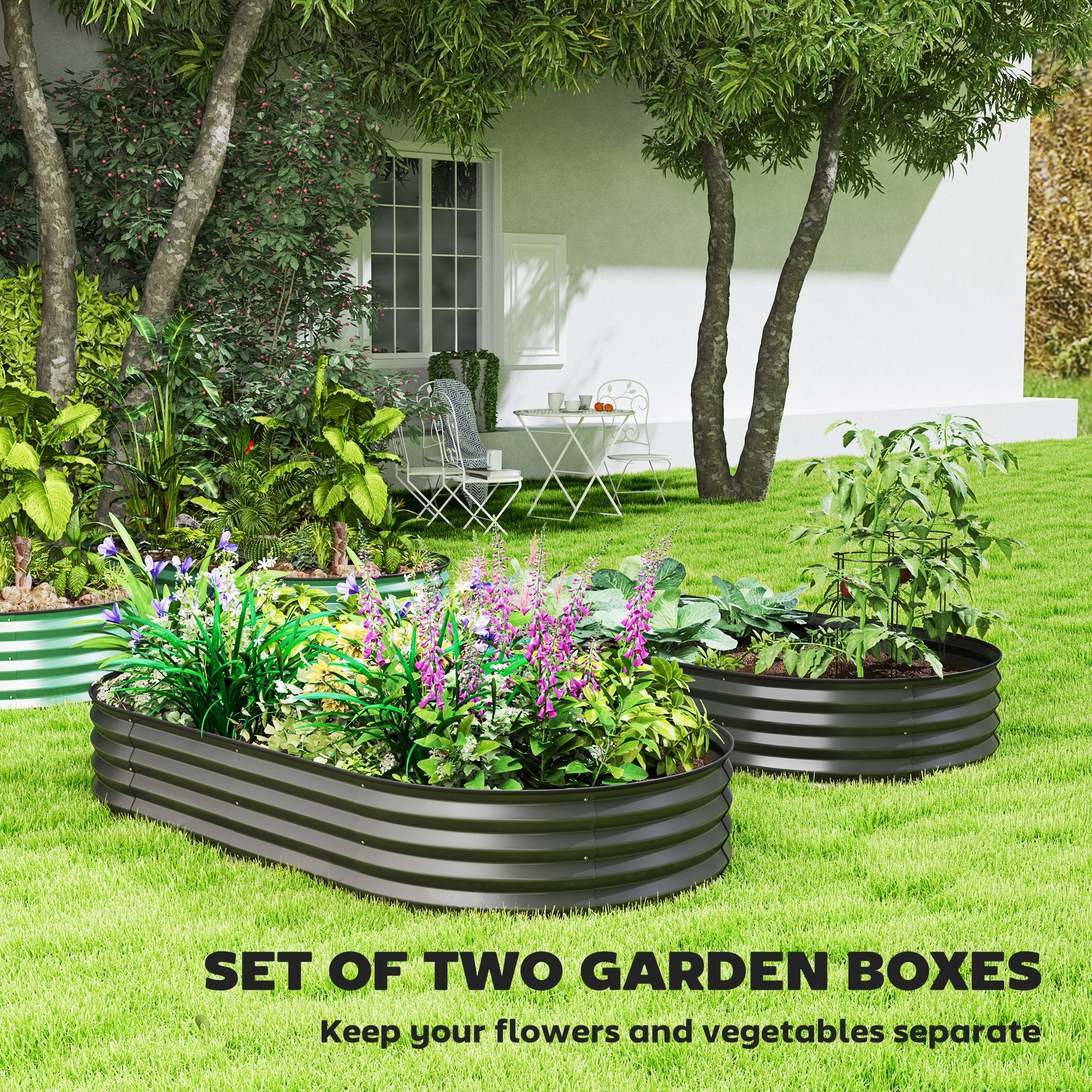 Set of 2 Galvanised Planter Box with Plant Support Stakes, 181 x 93 x 30 cm, Dark Grey - Image 6