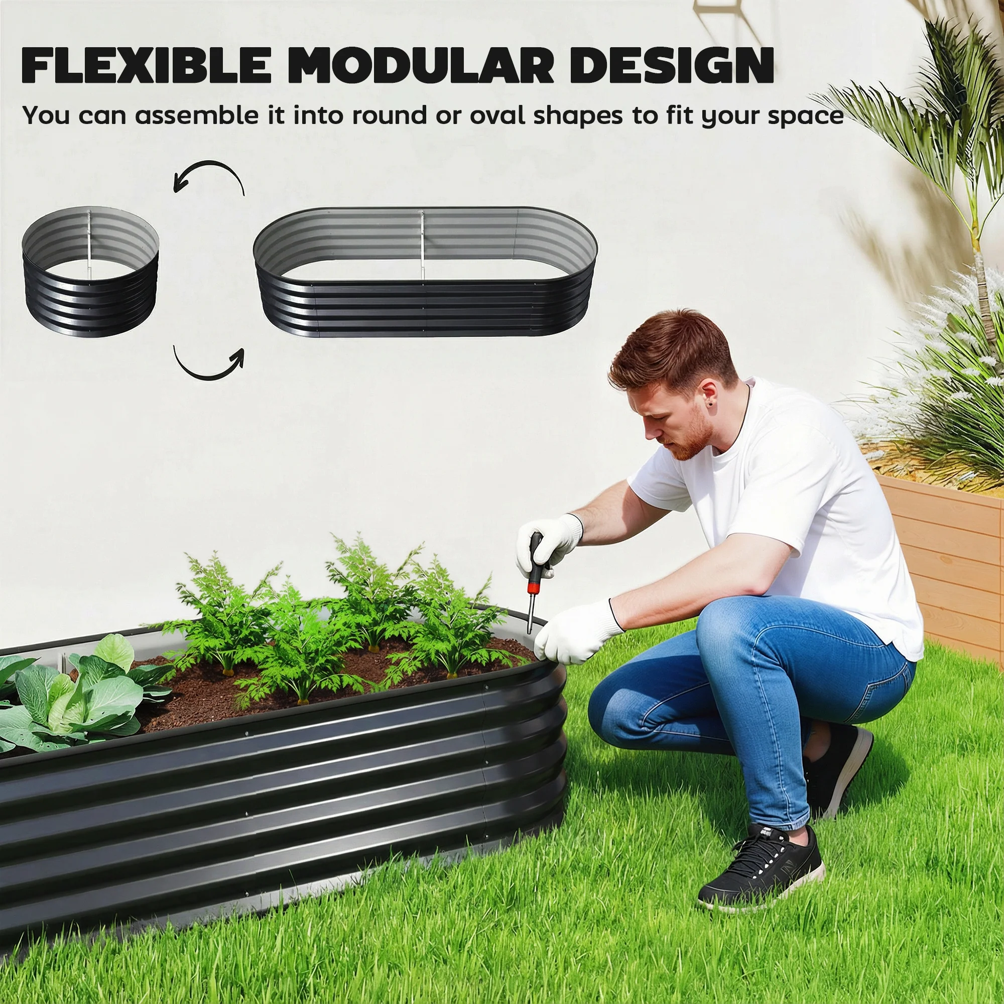 Set of 2 Galvanised Raised Beds with Stakes, 150 x 60 x 30 cm, Dark Grey - Image 11