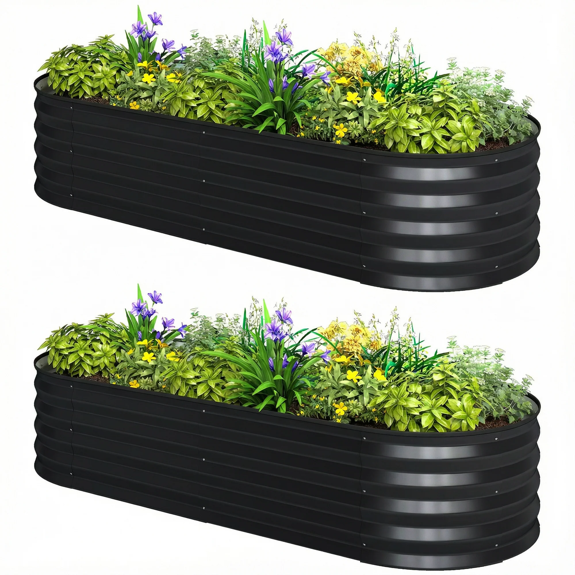 Set of 2 Galvanised Raised Beds with Stakes, 150 x 60 x 30 cm, Dark Grey - Image 2