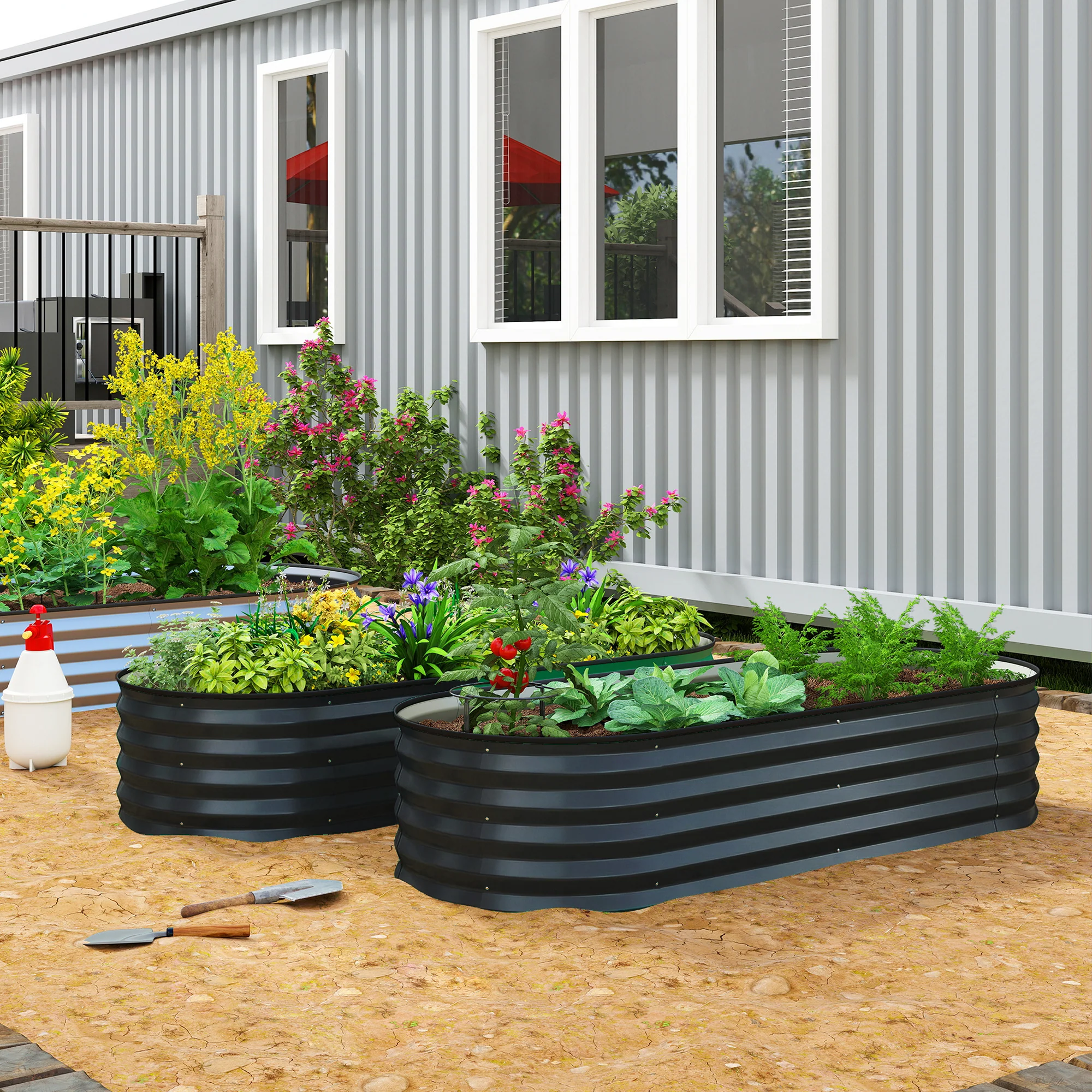 Set of 2 Galvanised Raised Beds with Stakes, 150 x 60 x 30 cm, Dark Grey - Image 3