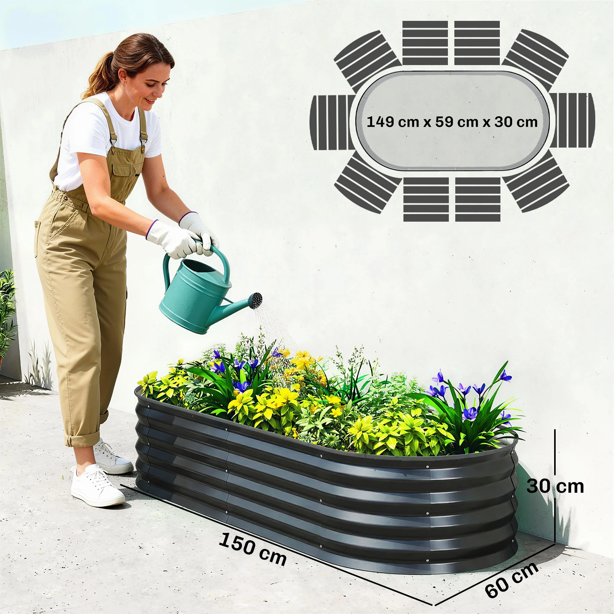 Set of 2 Galvanised Raised Beds with Stakes, 150 x 60 x 30 cm, Dark Grey - Image 5