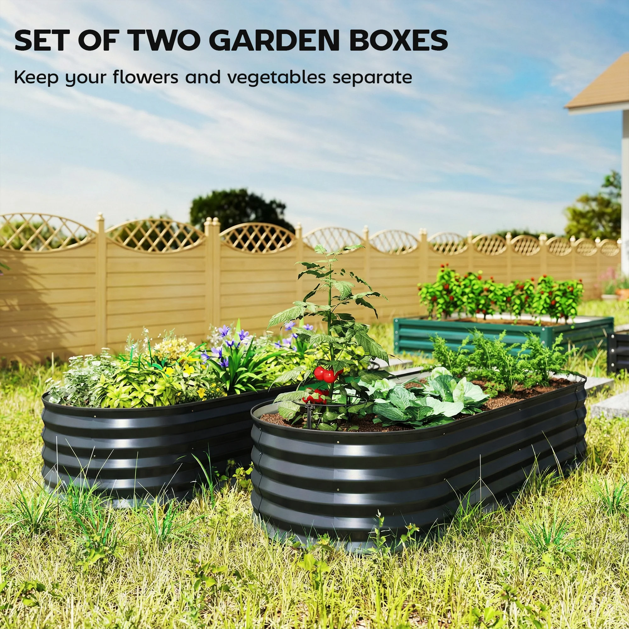 Set of 2 Galvanised Raised Beds with Stakes, 150 x 60 x 30 cm, Dark Grey - Image 6