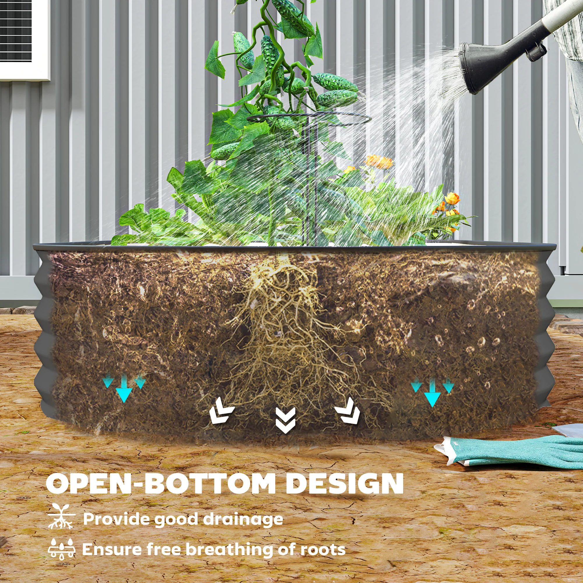 Set of 2 Galvanised Planter Box with Plant Support Stakes, 181 x 93 x 30 cm, Dark Grey - Image 9