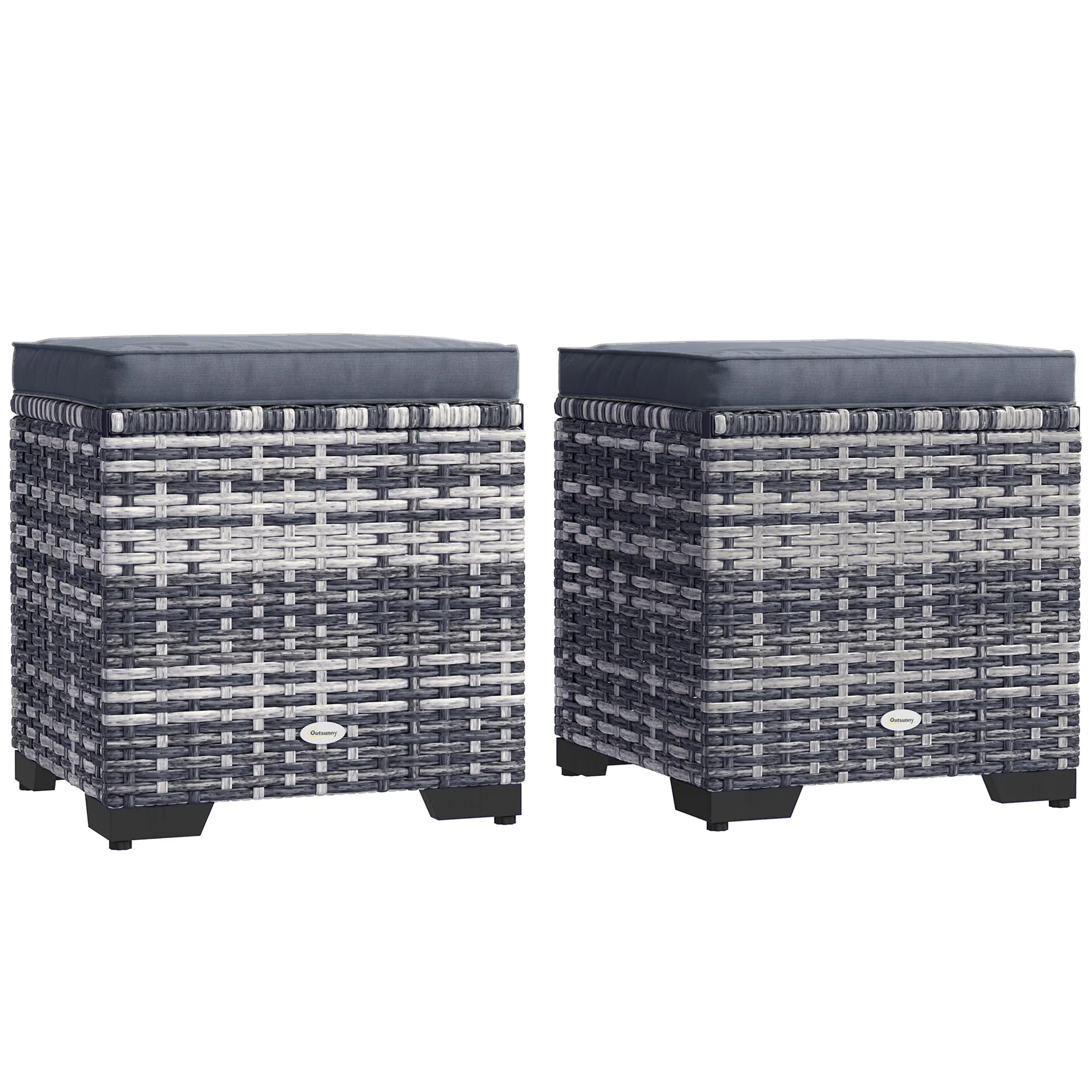 Set of 2 Rattan Storage Ottomans with Removable Cushions for Balcony, Living Room, Dark Grey
