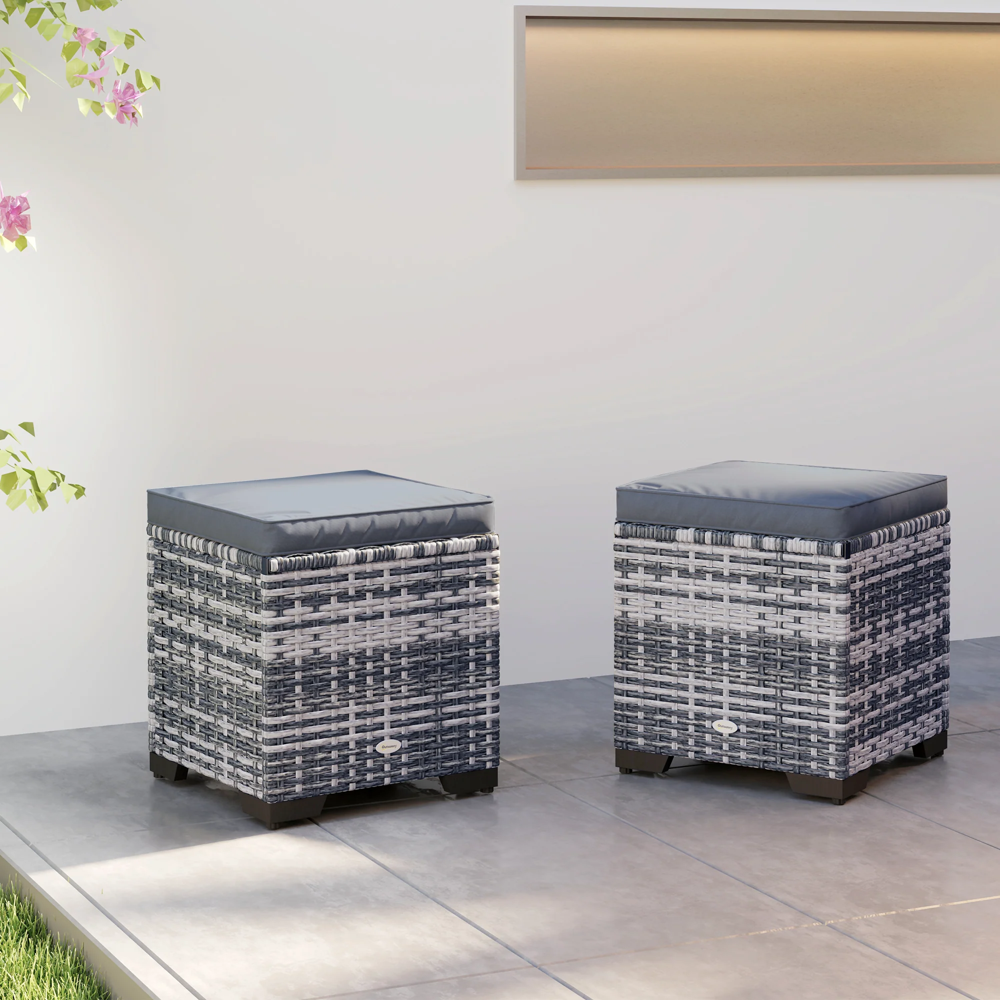 Set of 2 Rattan Storage Ottomans with Removable Cushions for Balcony, Living Room, Dark Grey - Image 10