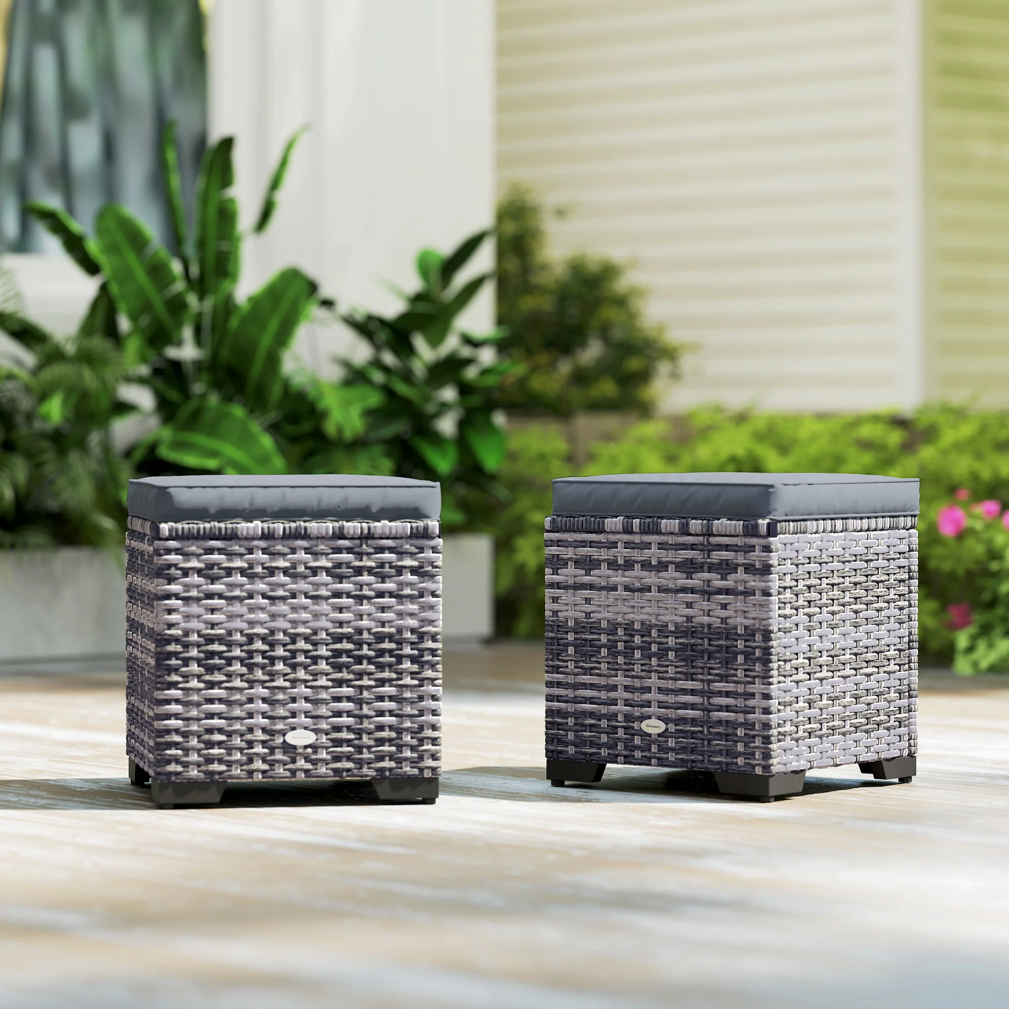 Set of 2 Rattan Storage Ottomans with Removable Cushions for Balcony, Living Room, Dark Grey - Image 11