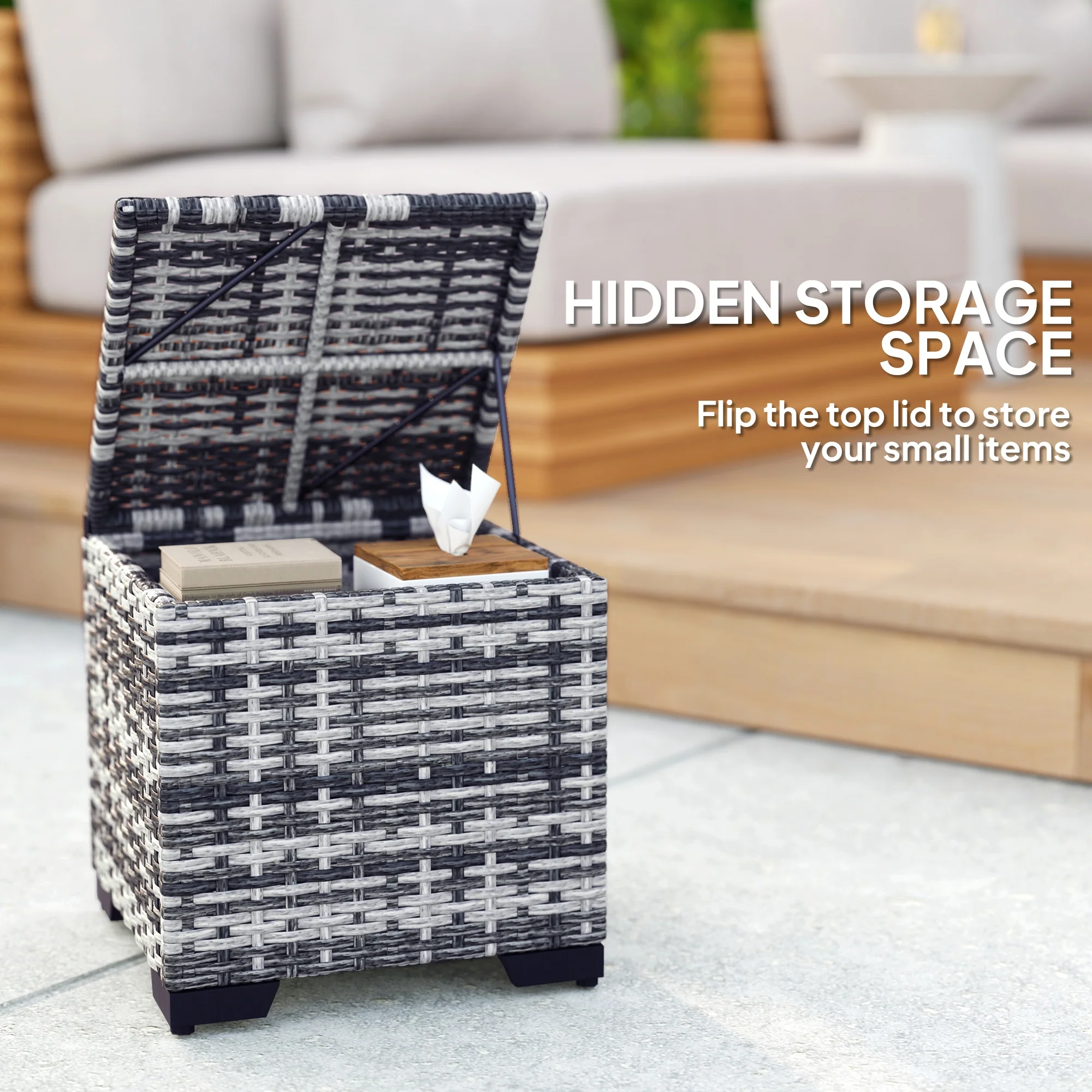Set of 2 Rattan Storage Ottomans with Removable Cushions for Balcony, Living Room, Dark Grey - Image 6