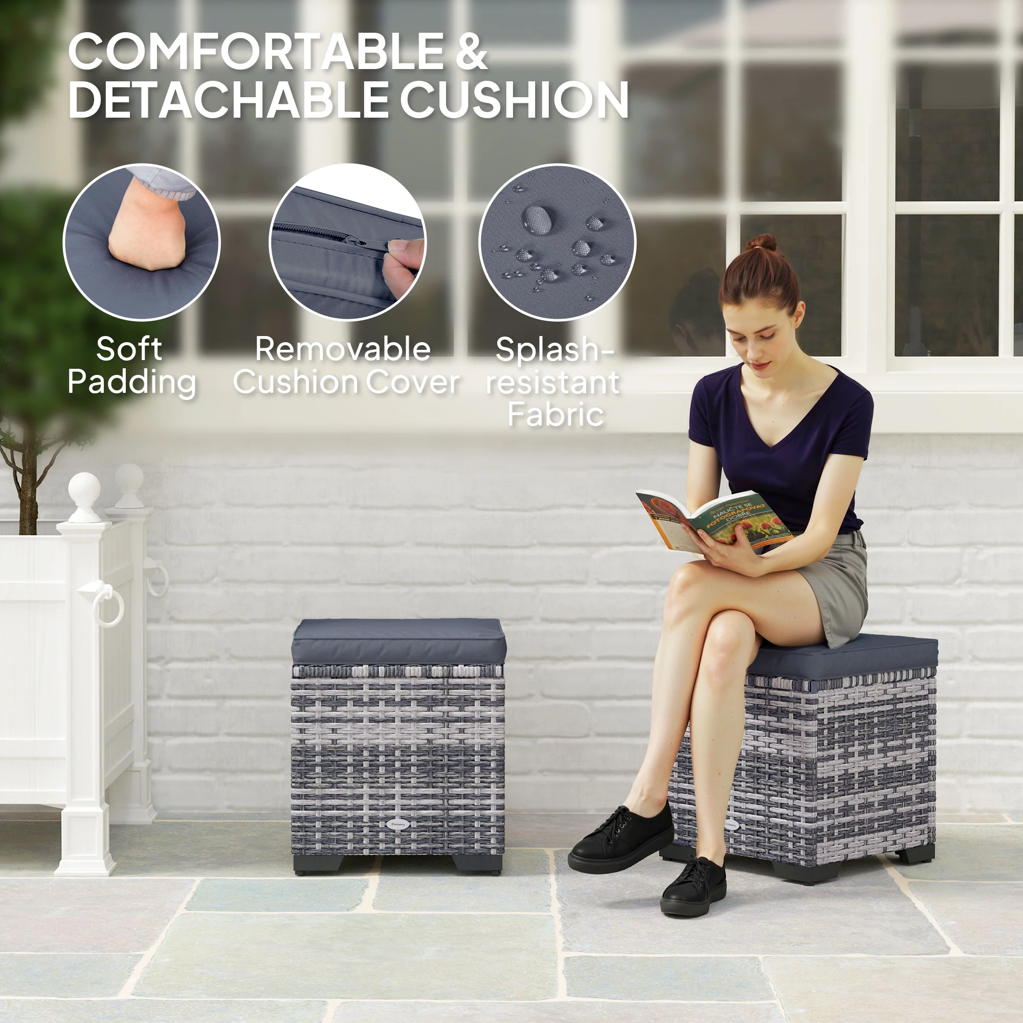 Set of 2 Rattan Storage Ottomans with Removable Cushions for Balcony, Living Room, Dark Grey - Image 7